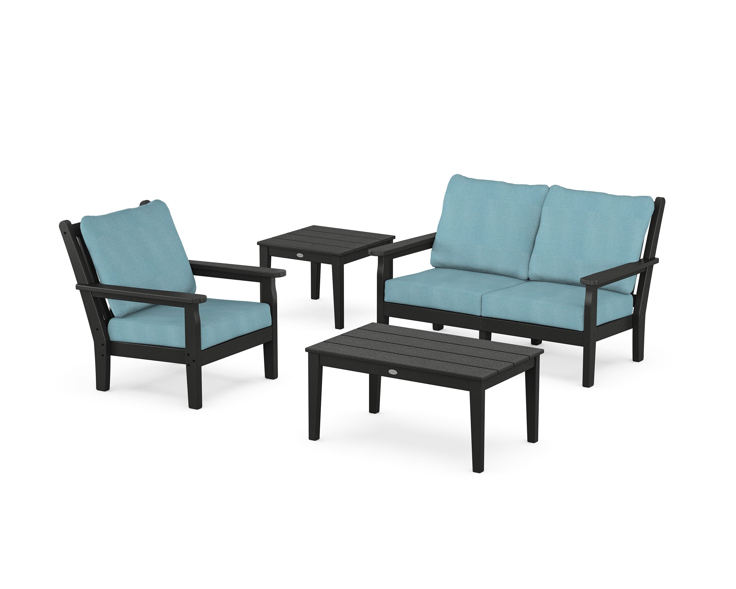 POLYWOOD Chippendale 4-Piece Deep Seating Set in Black / Lattice Sky Blue