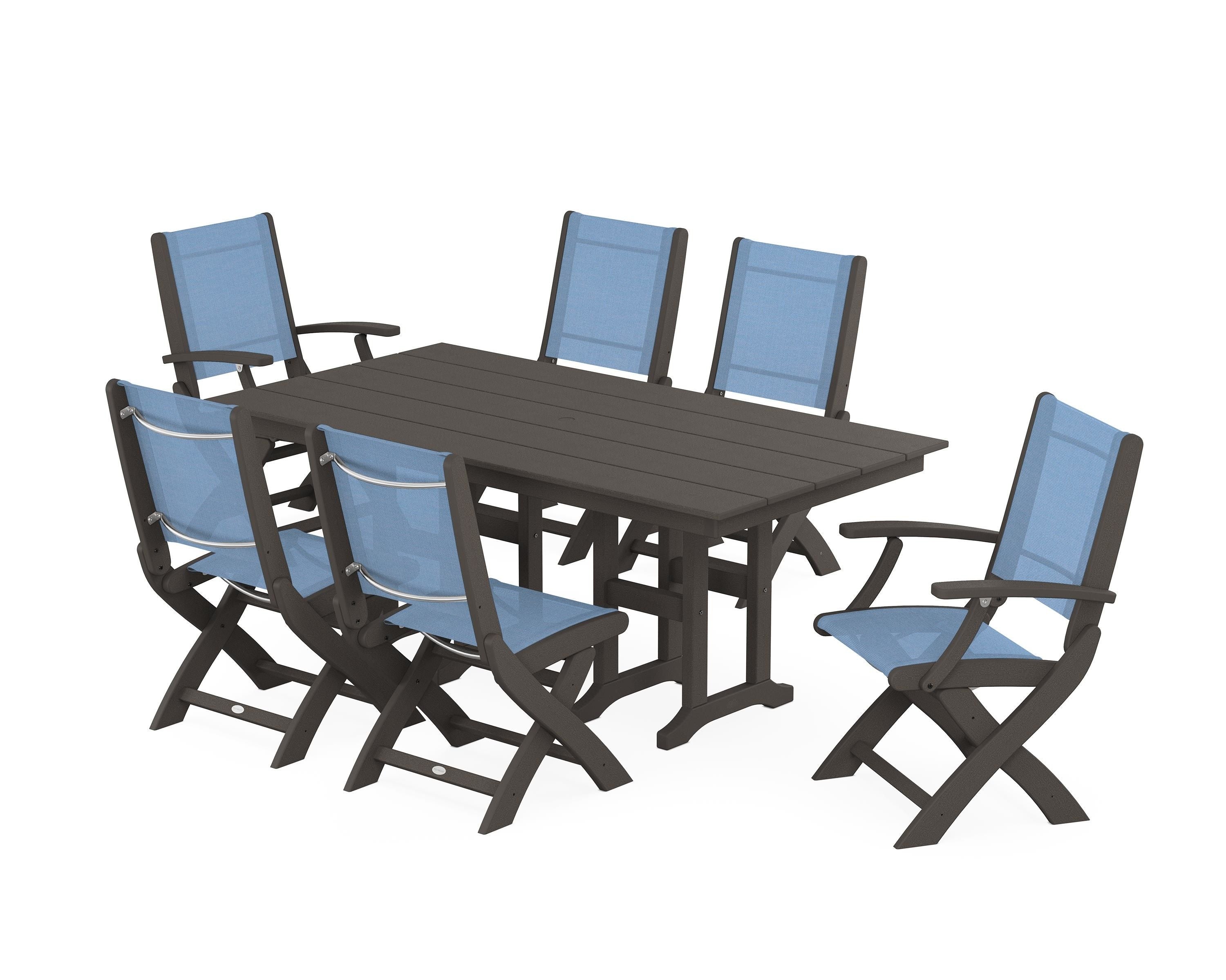 POLYWOOD Coastal Folding Chair 7-Piece Farmhouse Dining Set in Vintage Coffee / Poolside Sling