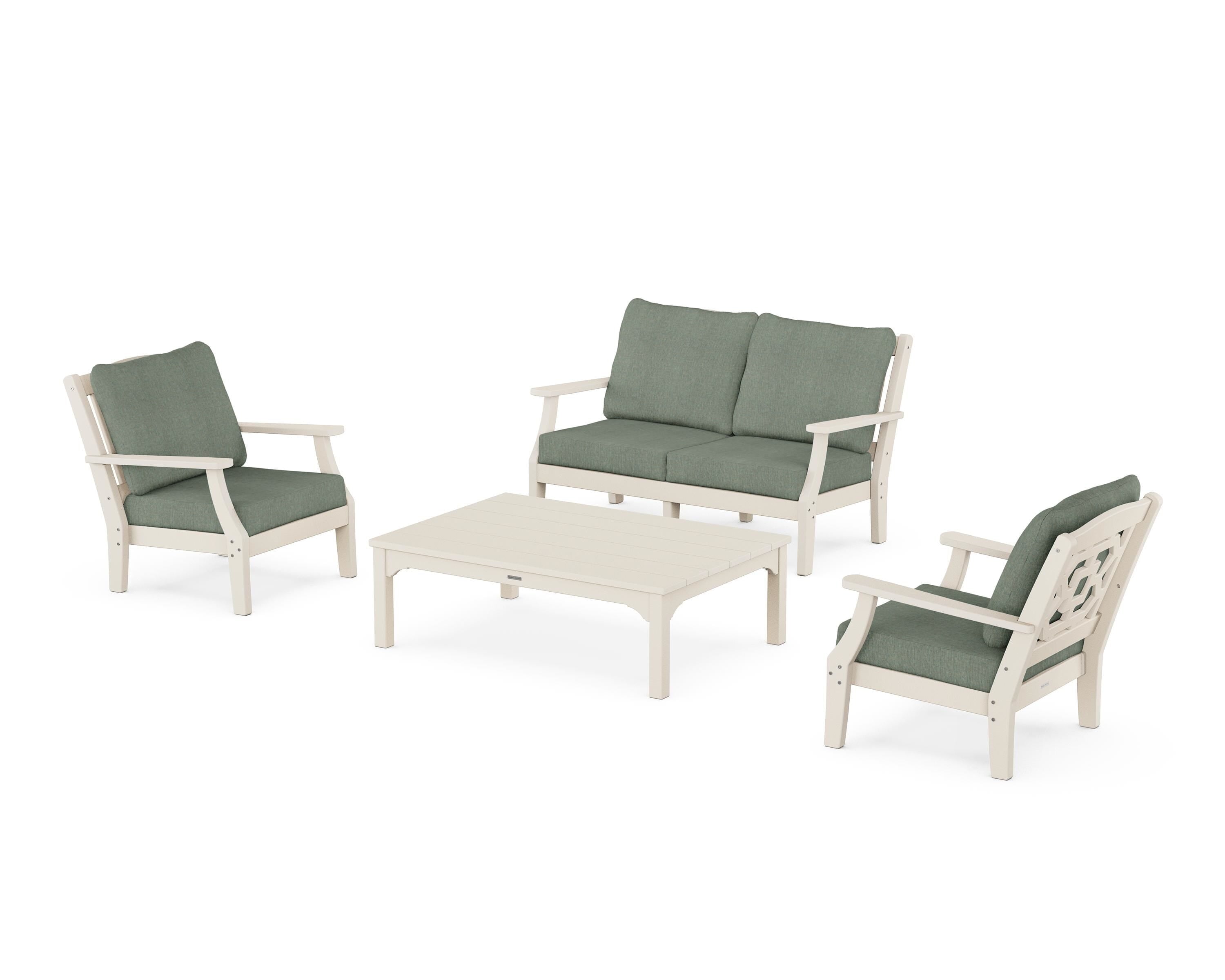 Martha Stewart by POLYWOOD Chinoiserie 4-Piece Deep Seating Set with Loveseat in Sand / Cast Sage