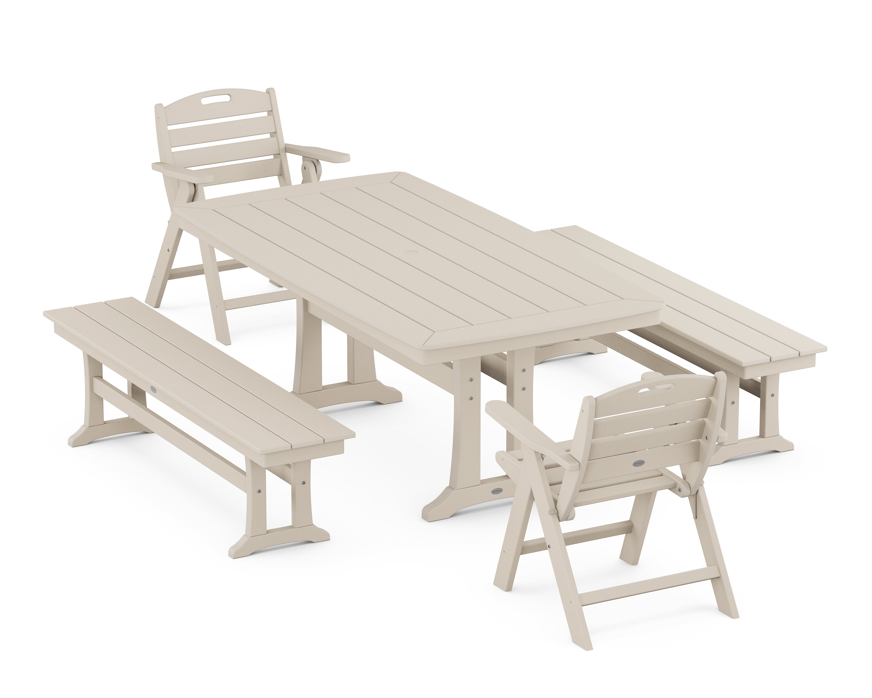POLYWOOD® Nautical Folding Lowback Chair 5-Piece Dining Set with Trestle Legs and Benches in Sand