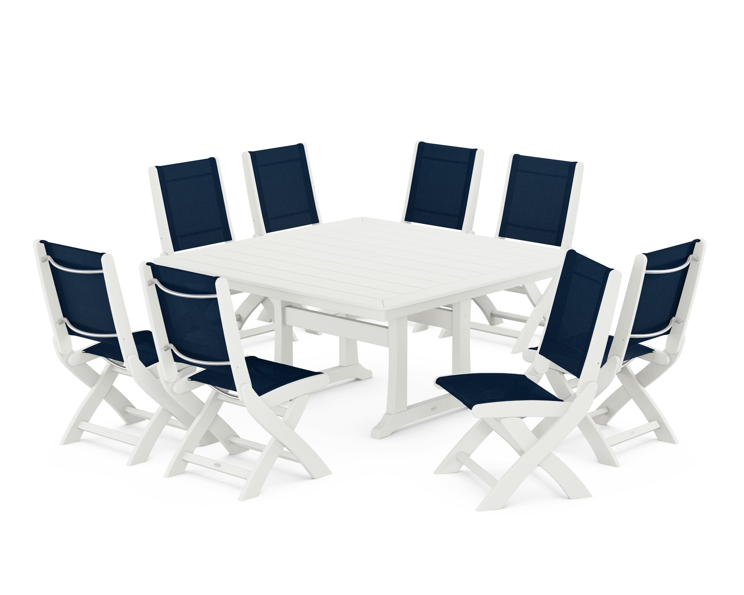 POLYWOOD Coastal Folding Side Chair 9-Piece Dining Set with Trestle Legs in Vintage White / Navy Blue Sling