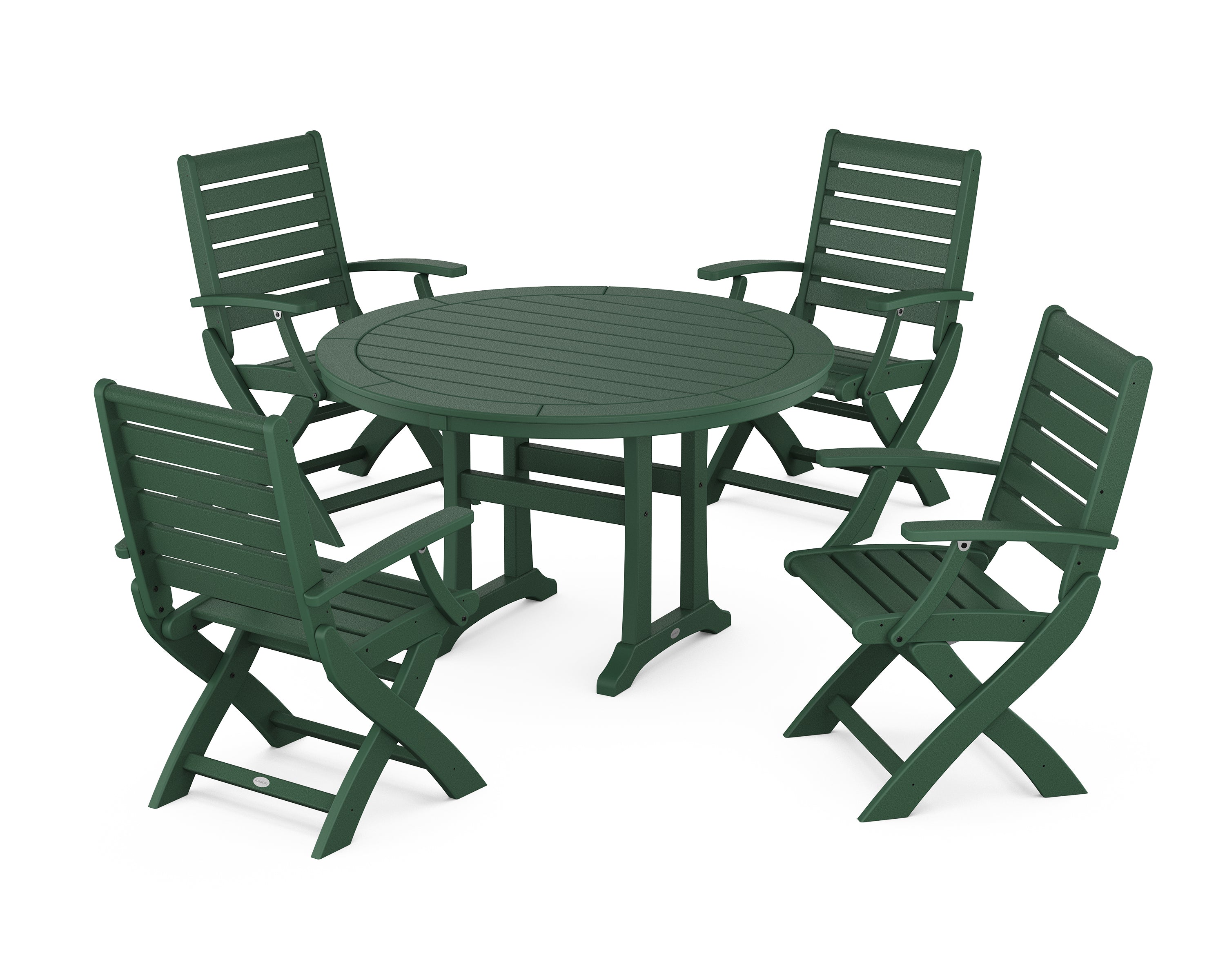 POLYWOOD® Signature Folding Chair 5-Piece Round Dining Set with Trestle Legs in Green