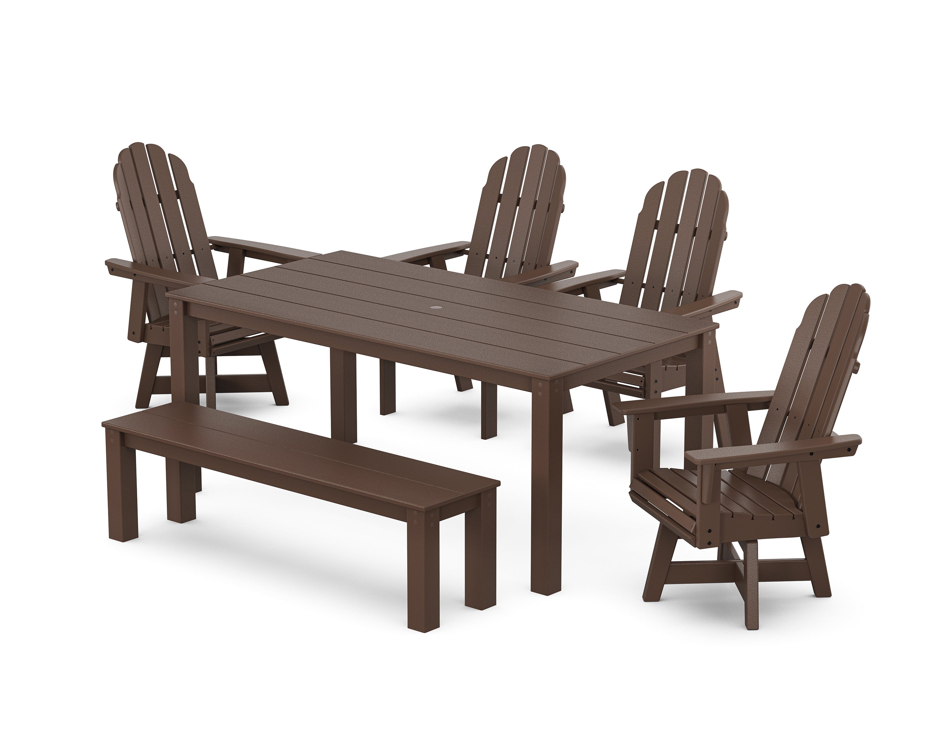 POLYWOOD® Vineyard Curveback Adirondack 6-Piece Parsons Swivel Dining Set with Bench in Mahogany