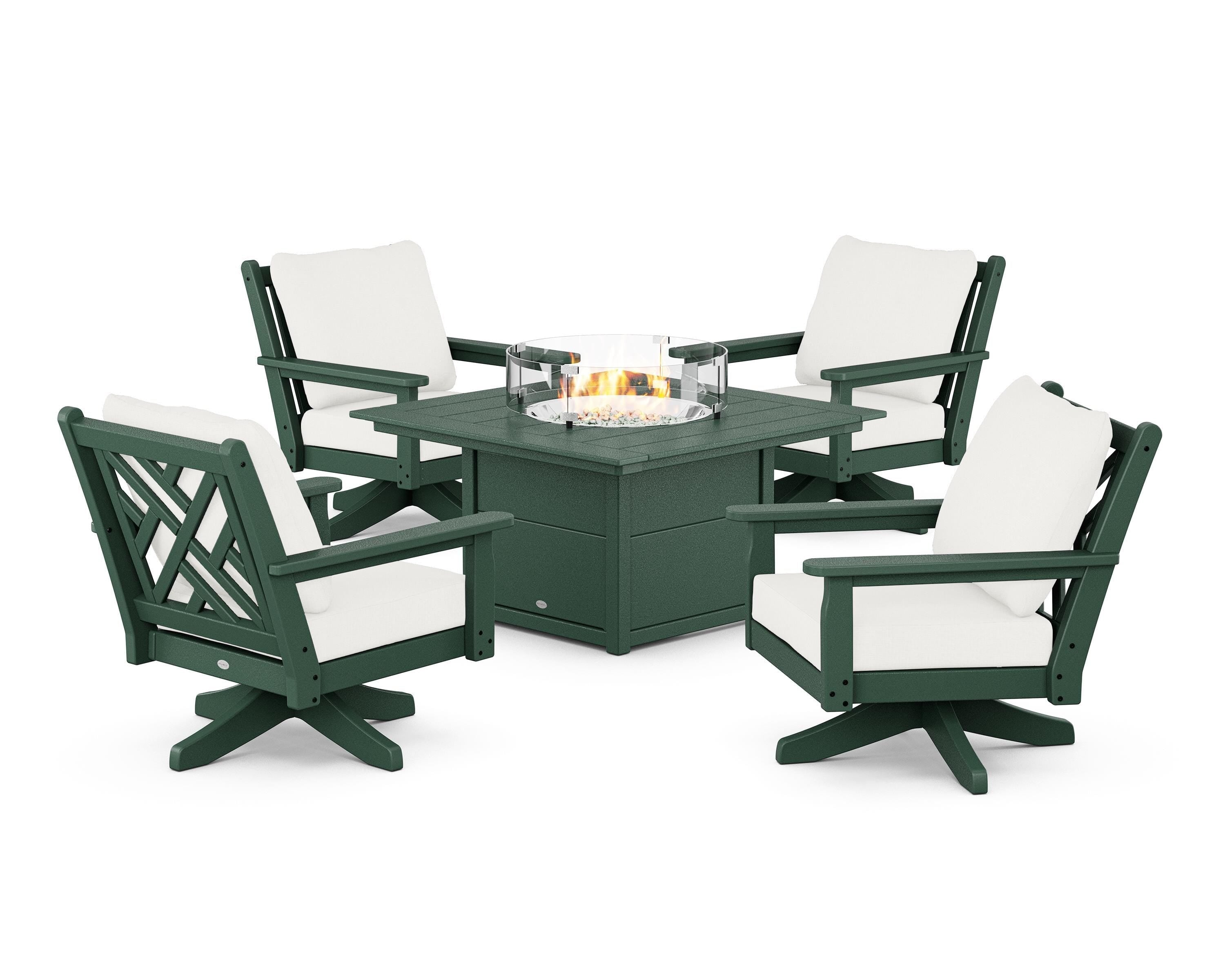 POLYWOOD Chippendale 5-Piece Deep Seating Swivel Conversation Set with Fire Pit Table in Green / Natural Linen