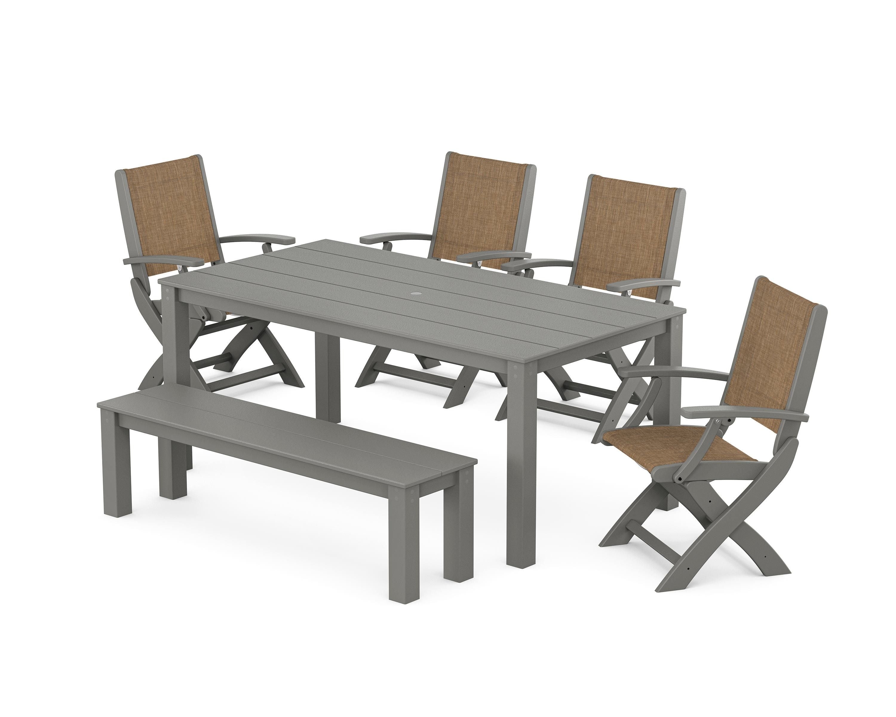 POLYWOOD Coastal Folding Chair 6-Piece Parsons Dining Set with Bench in Slate Grey / Burlap Sling