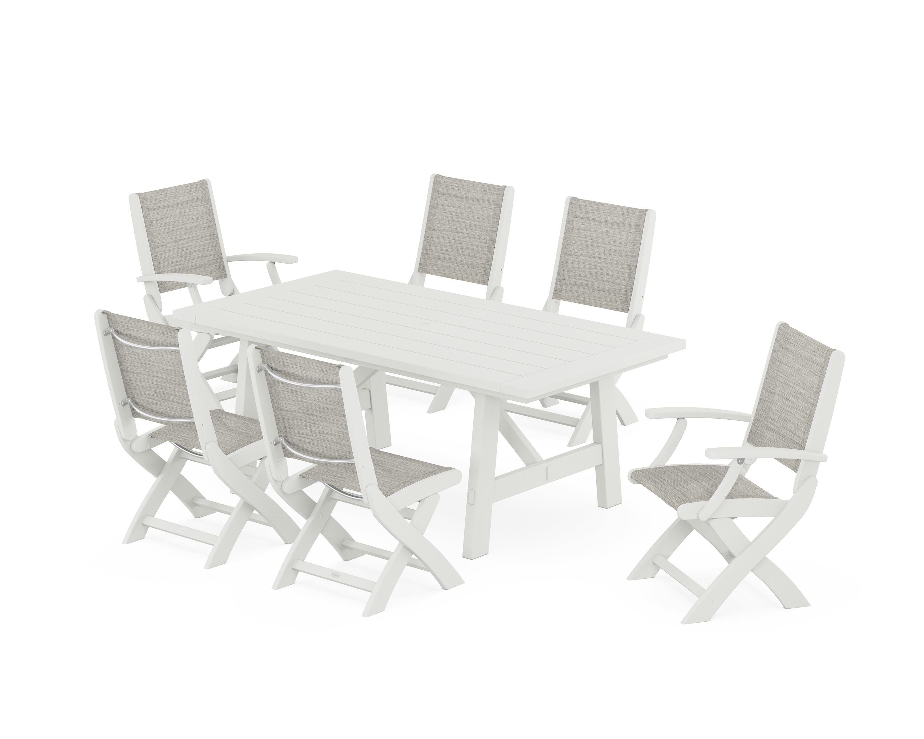 POLYWOOD Coastal Folding Chair 7-Piece Rustic Farmhouse Dining Set in Vintage White / Birch Sling