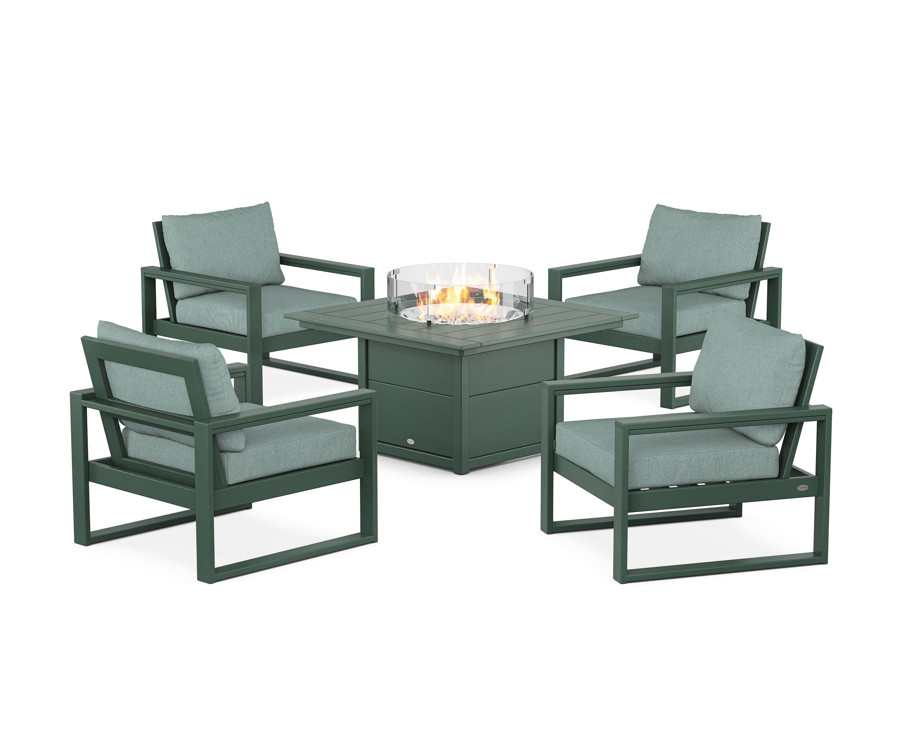 POLYWOOD EDGE Sectional 5-Piece Deep Seating Set with Fire Pit Table in Green / Glacier Spa