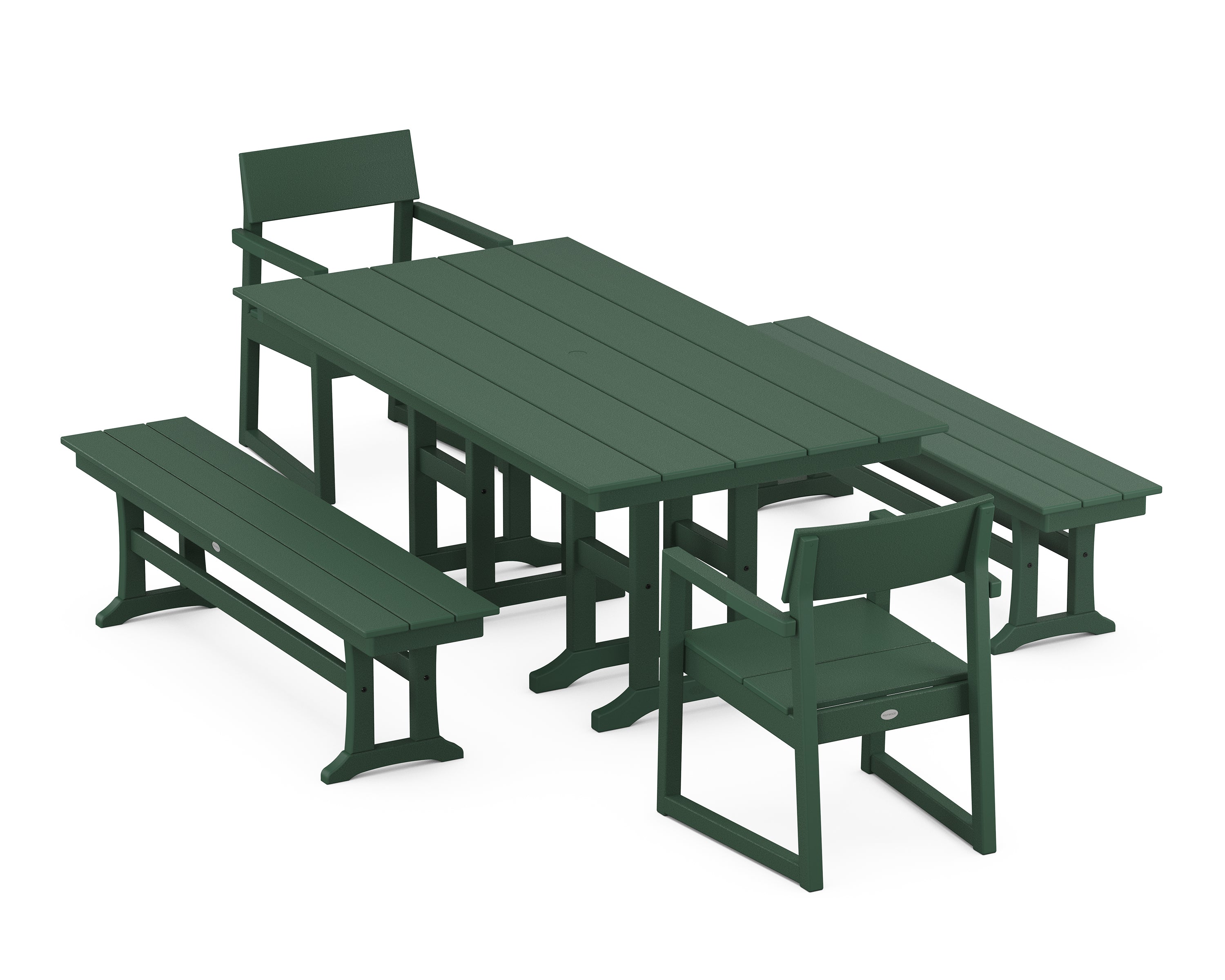 POLYWOOD® EDGE 5-Piece Farmhouse Dining Set with Benches in Green