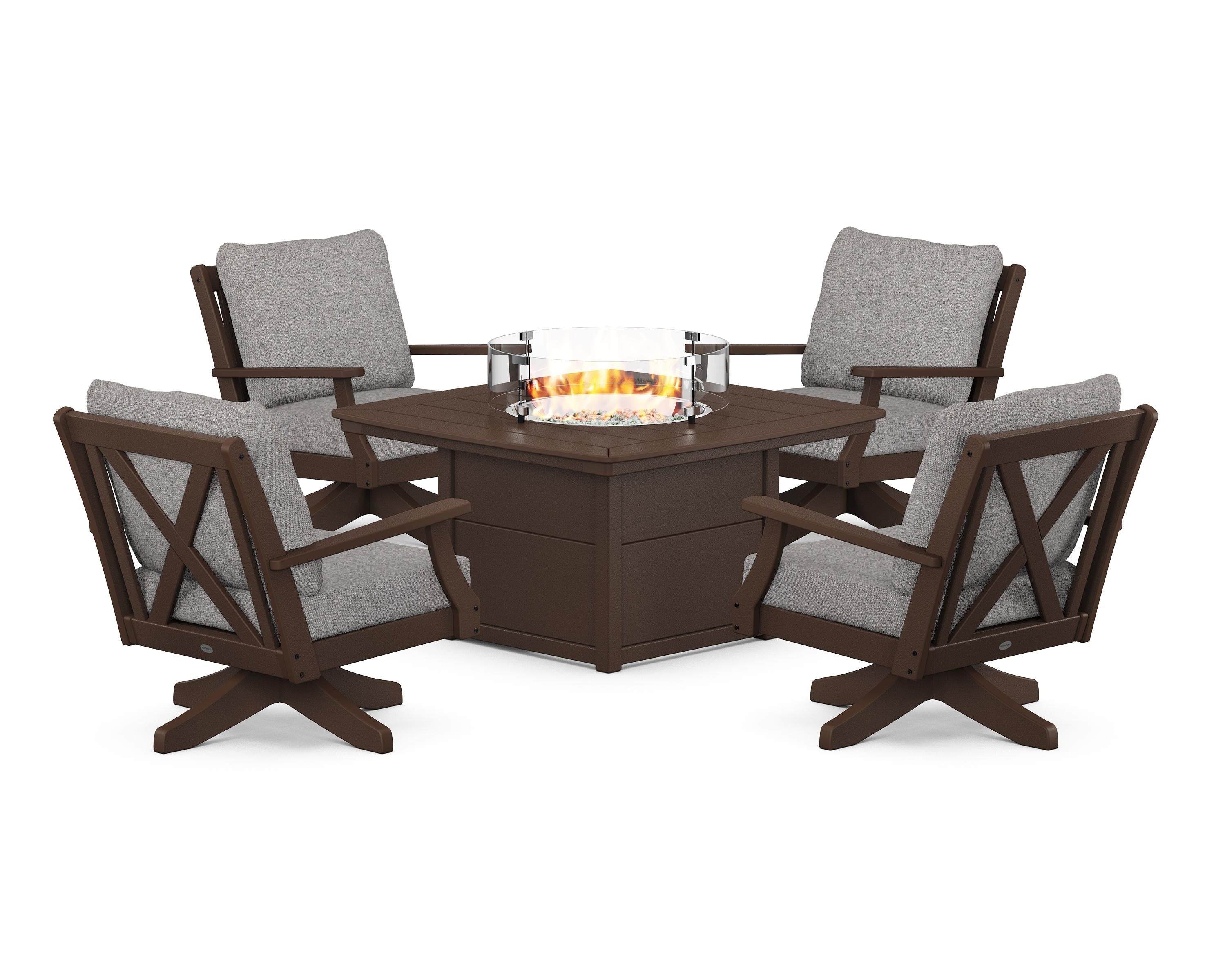 POLYWOOD Braxton 5-Piece Deep Seating Swivel Conversation Set with Fire Pit Table in Mahogany / Grey Mist
