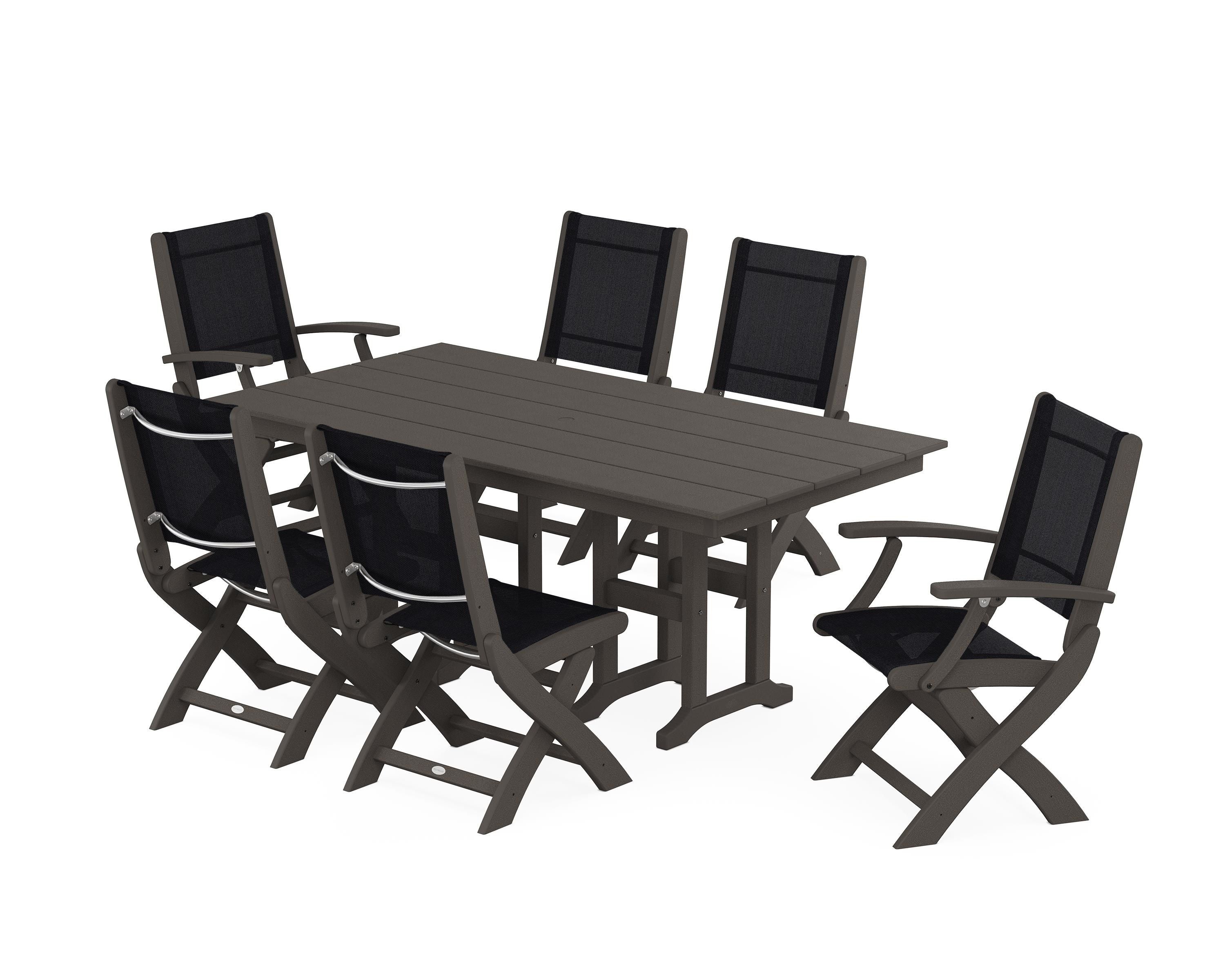 POLYWOOD Coastal Folding Chair 7-Piece Farmhouse Dining Set in Vintage Coffee / Black Sling