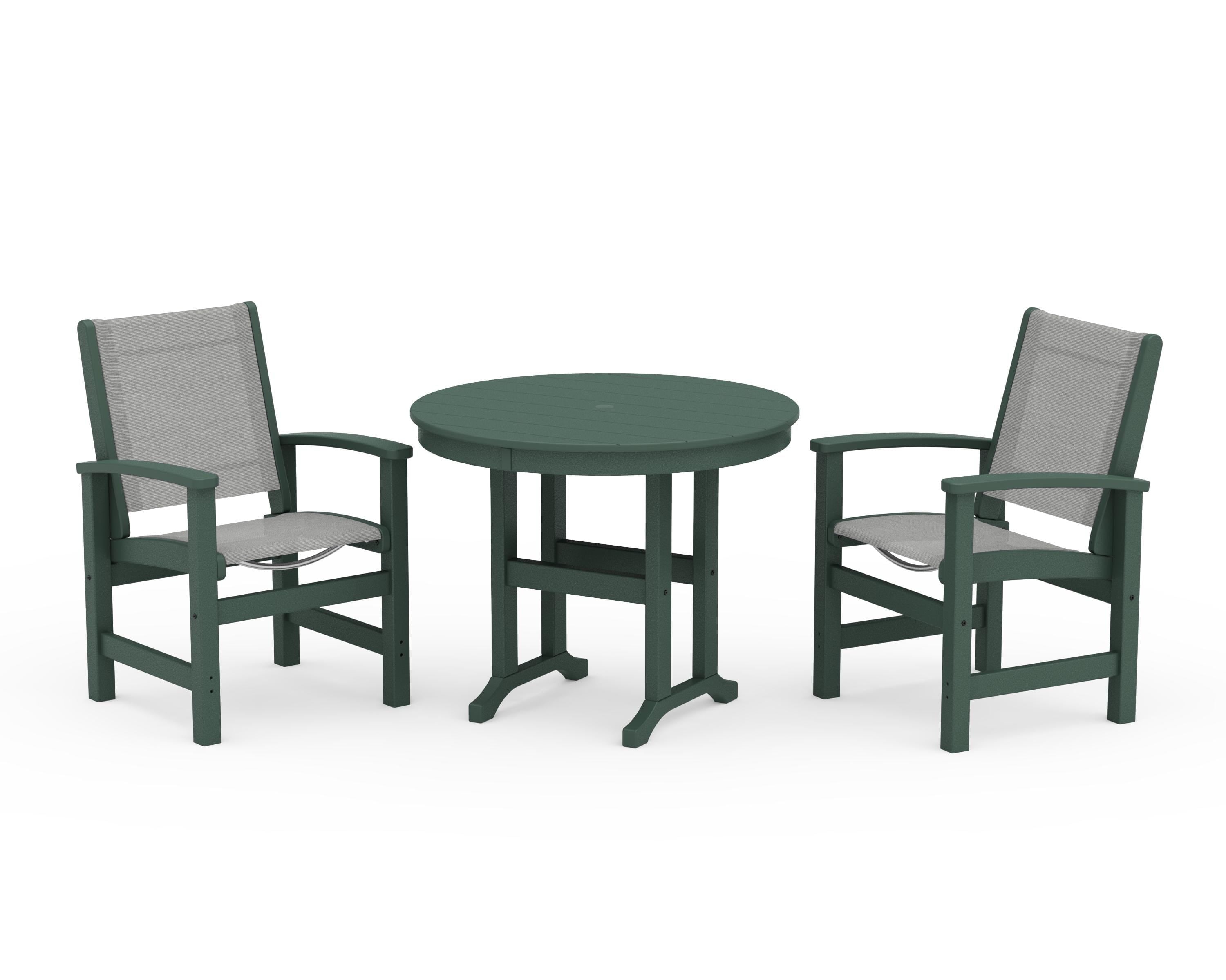 POLYWOOD Coastal 3-Piece Round Dining Set in Green / Metallic Sling