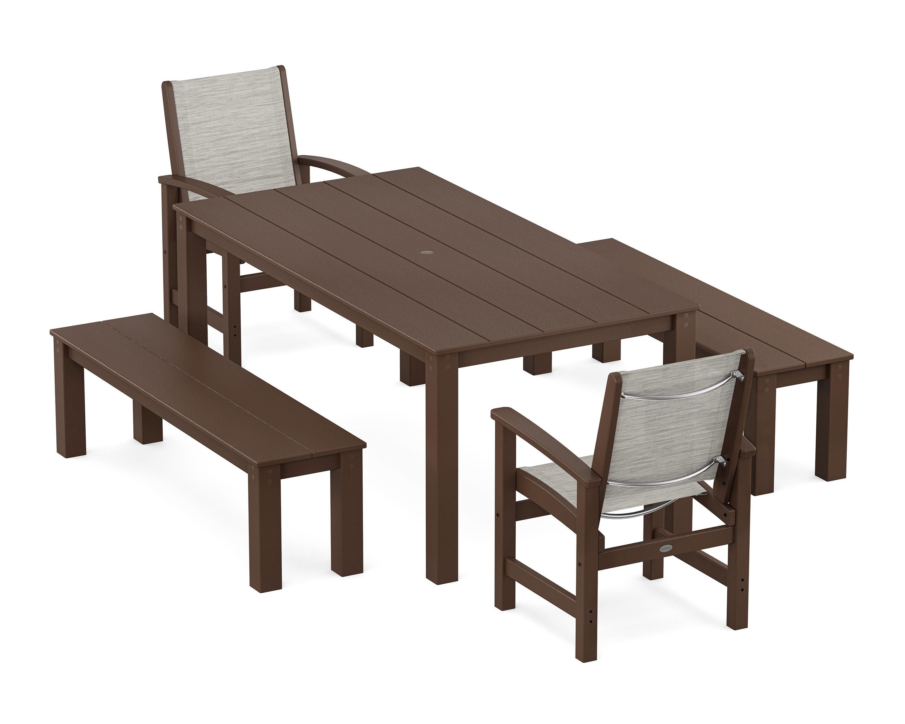 POLYWOOD Coastal 5-Piece Parsons Dining Set with Benches in Mahogany / Birch Sling