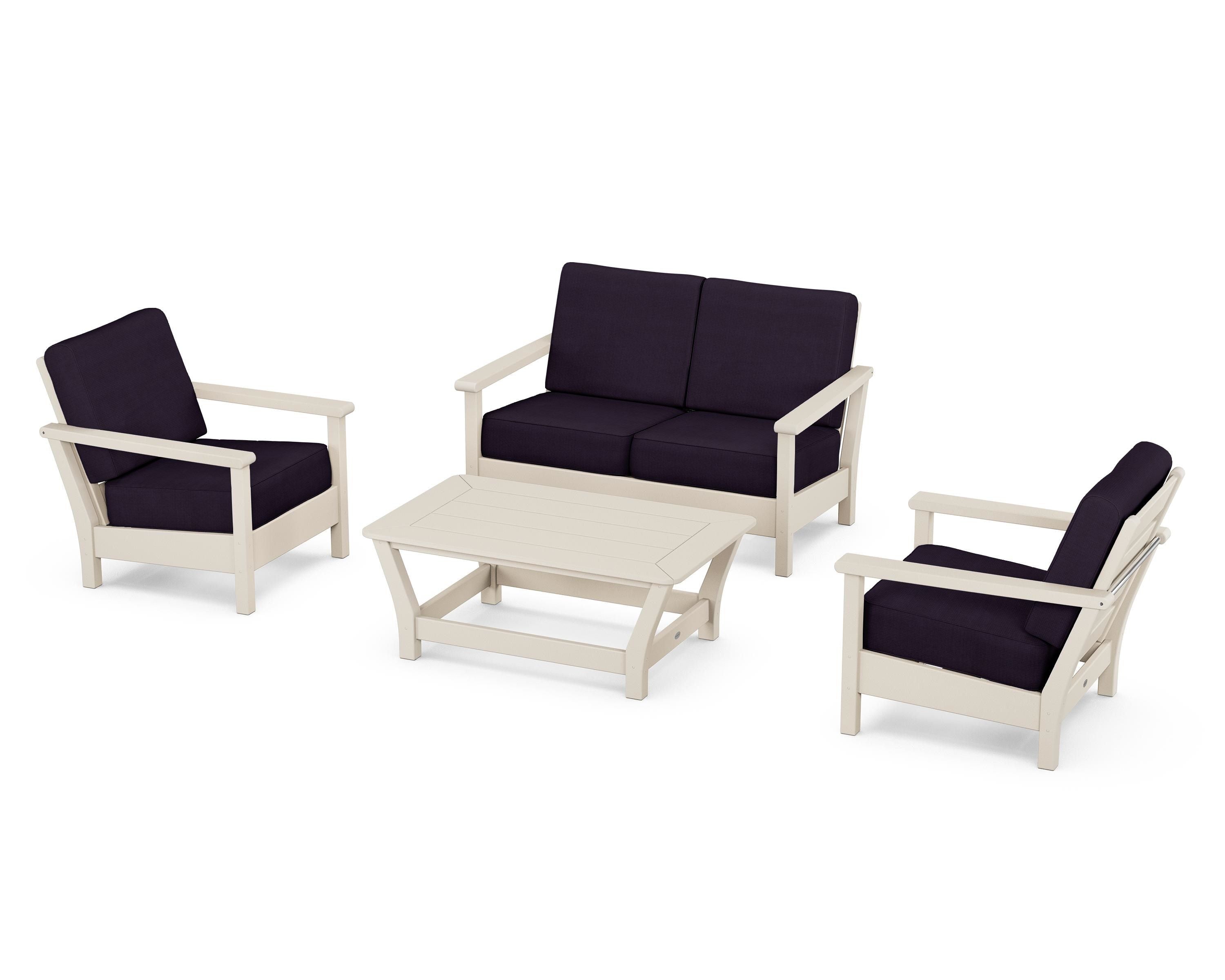 POLYWOOD Harbour 4-Piece Deep Seating Set in Sand / Navy Linen