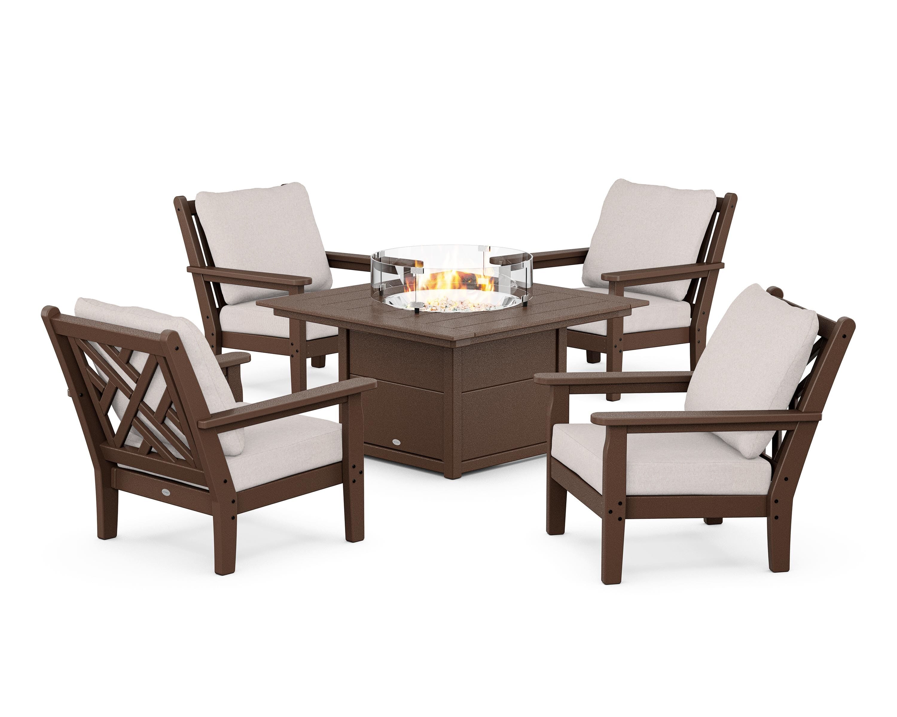 POLYWOOD Chippendale 5-Piece Deep Seating Set with Fire Pit Table in Mahogany / Dune Burlap