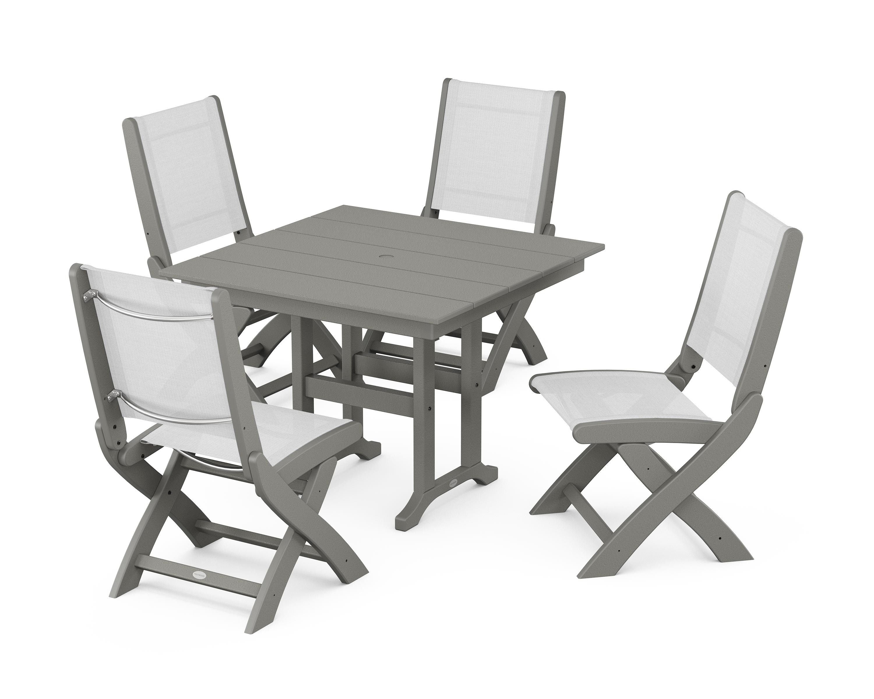 POLYWOOD Coastal Folding Side Chair 5-Piece Farmhouse Dining Set in Slate Grey / White Sling
