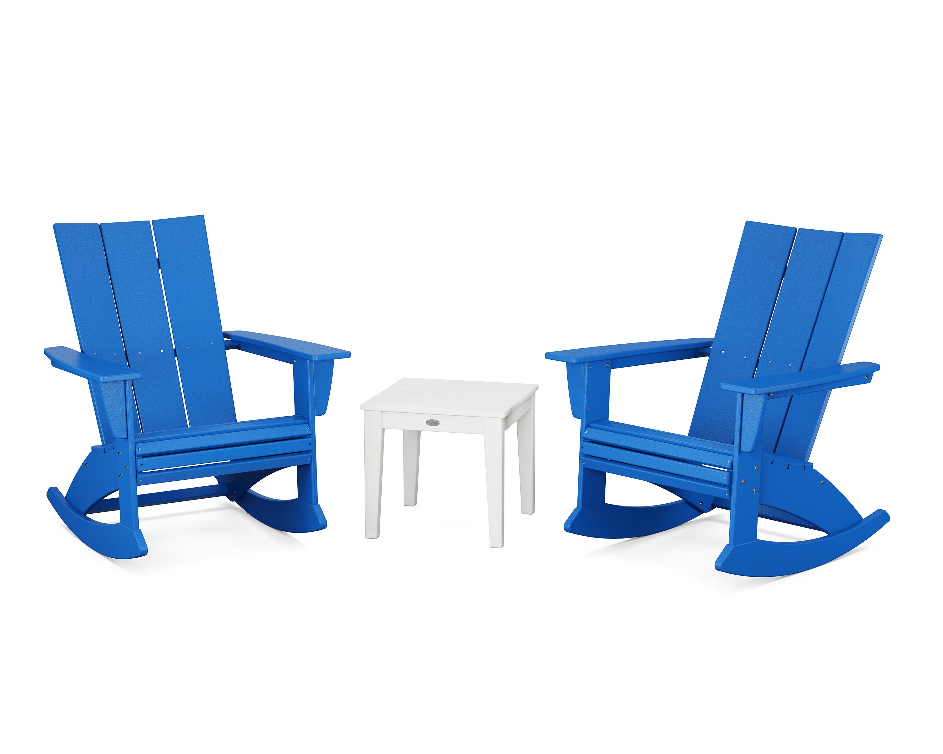 POLYWOOD® Modern Curveback 3-Piece Adirondack Rocking Chair Set in Pacific Blue / White