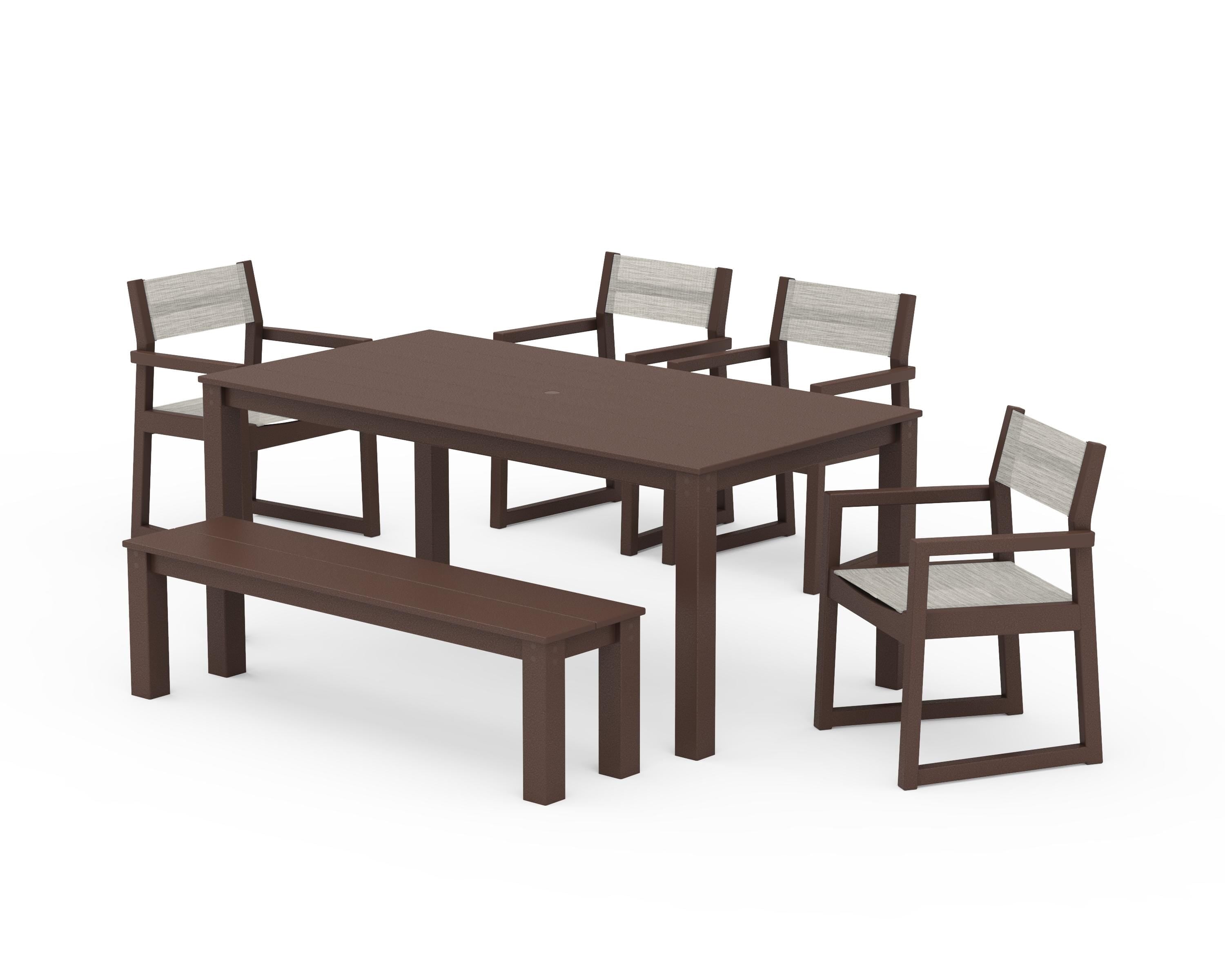 POLYWOOD EDGE Sling Arm Chair 6-Piece Parsons Dining Set with Bench in Mahogany / Birch Sling