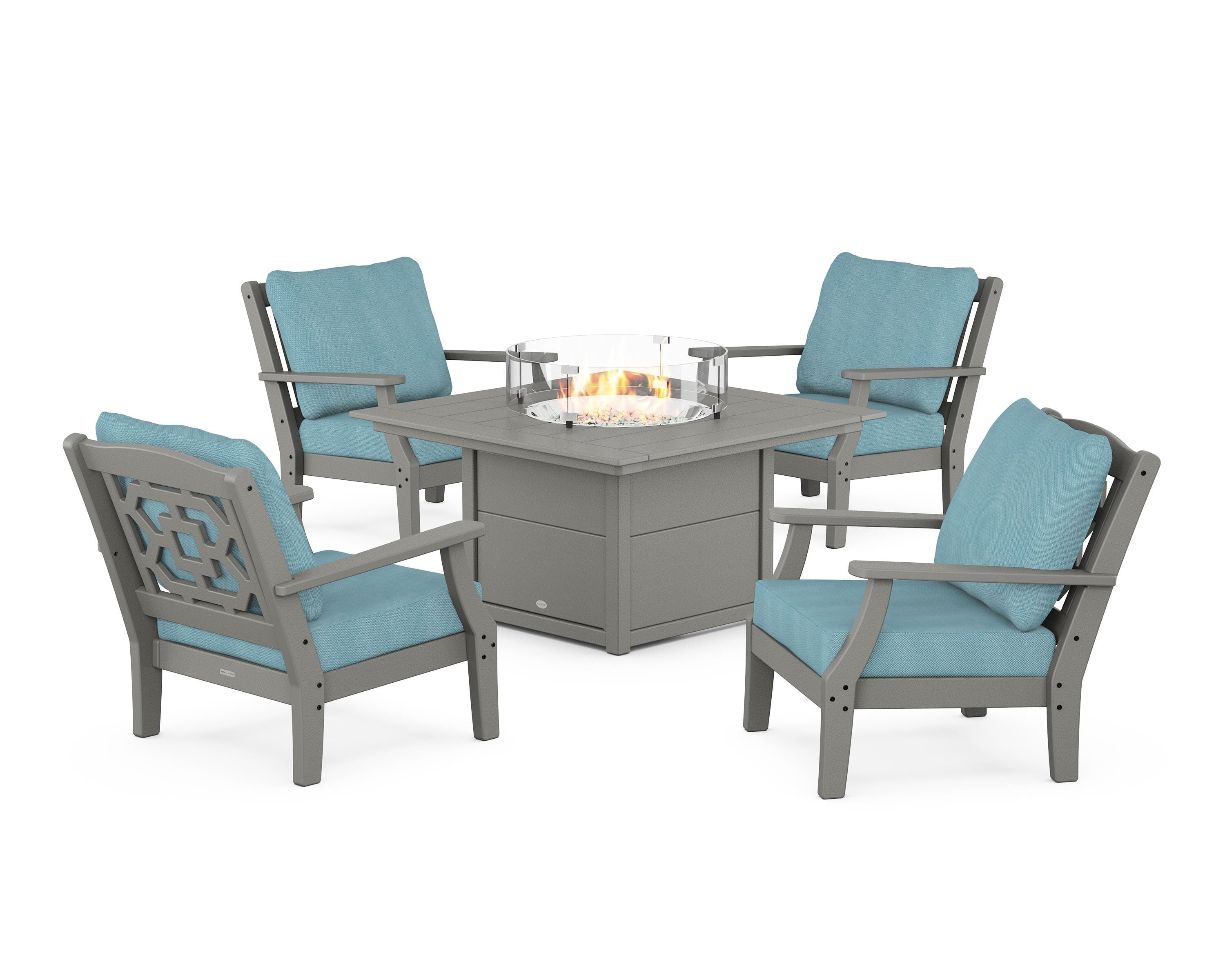 Martha Stewart by POLYWOOD Chinoiserie 5-Piece Deep Seating Set with Fire Pit Table in Slate Grey / Lattice Sky Blue