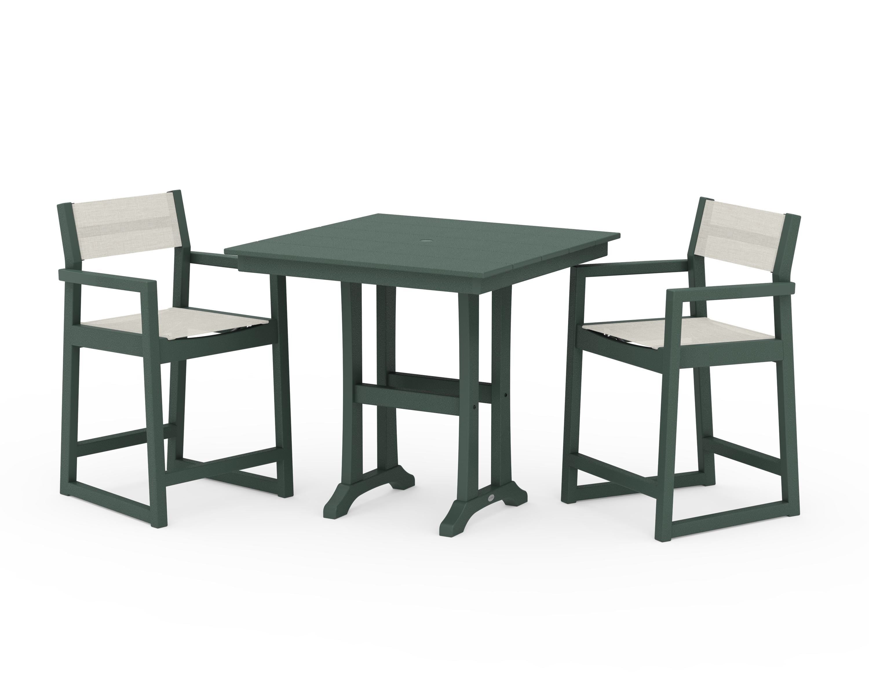POLYWOOD EDGE Sling Arm Chair 3-Piece Farmhouse Counter Set with Trestle Legs in Green / Parchment Sling