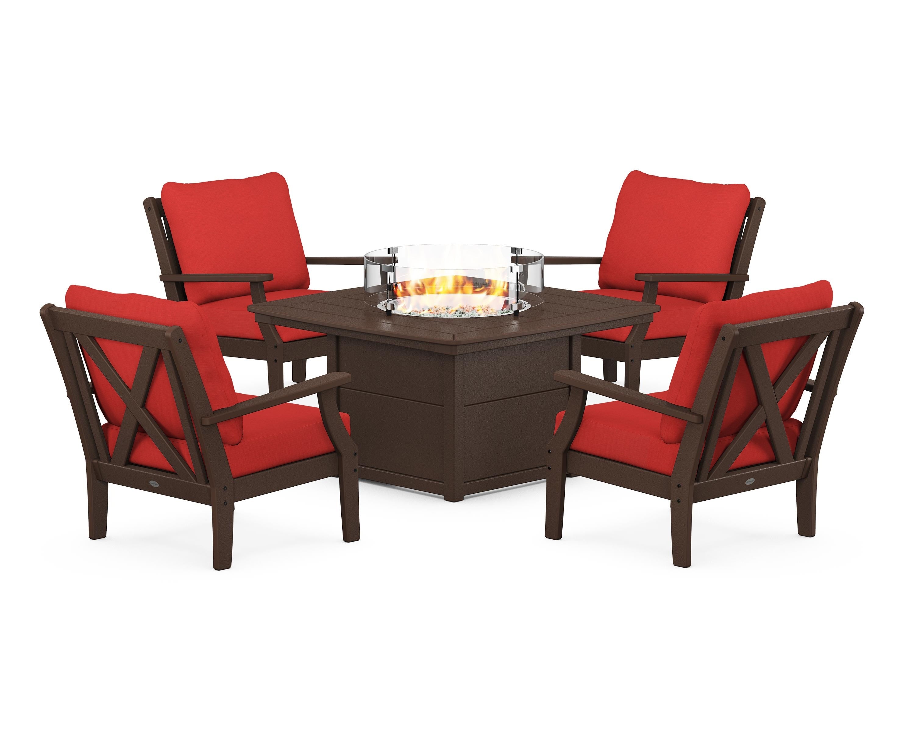 POLYWOOD Braxton 5-Piece Deep Seating Conversation Set with Fire Pit Table in Mahogany / Crimson Linen