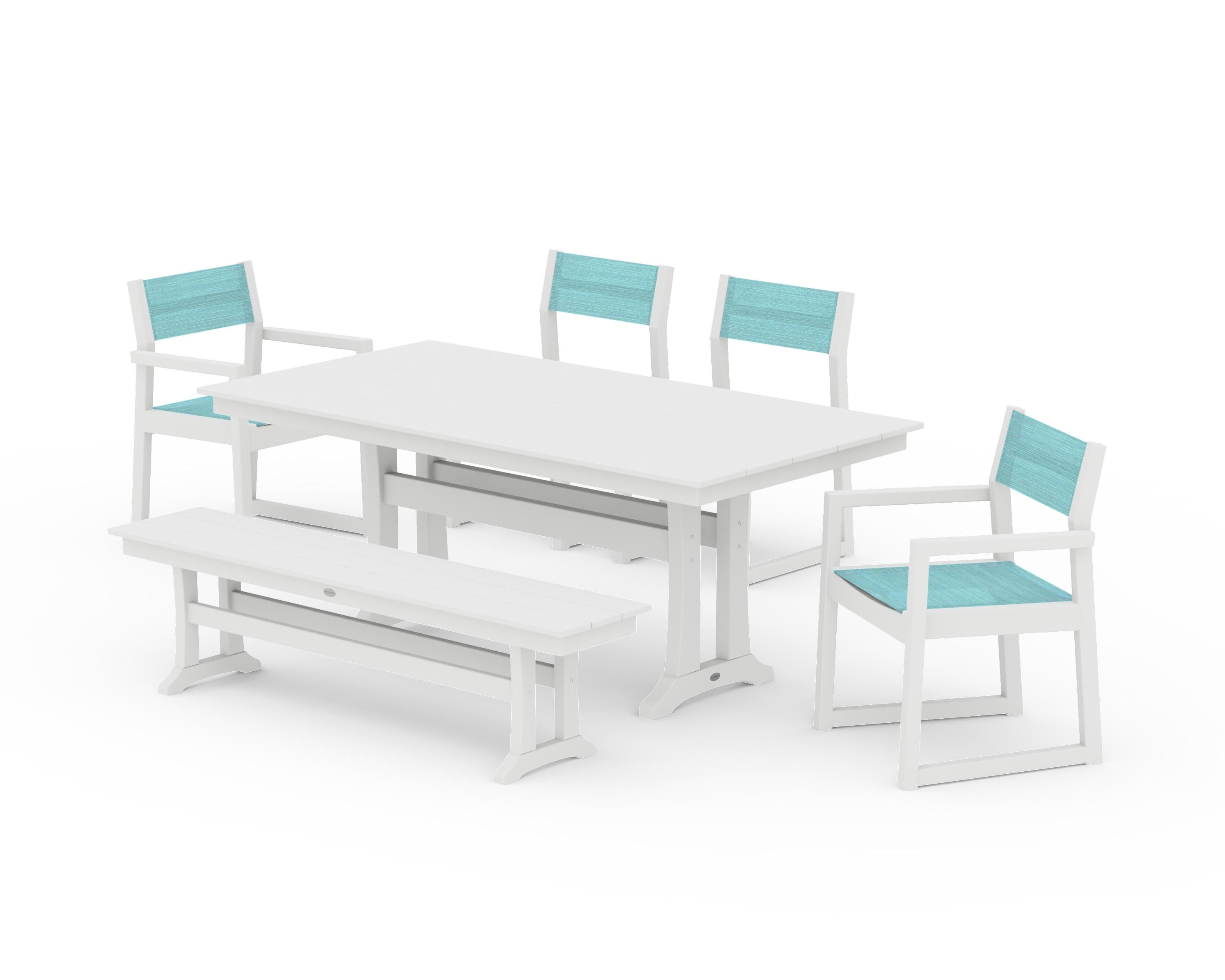 POLYWOOD EDGE Sling 6-Piece Farmhouse Dining Set With Trestle Legs in White / Dupioni Aquamarine Sling