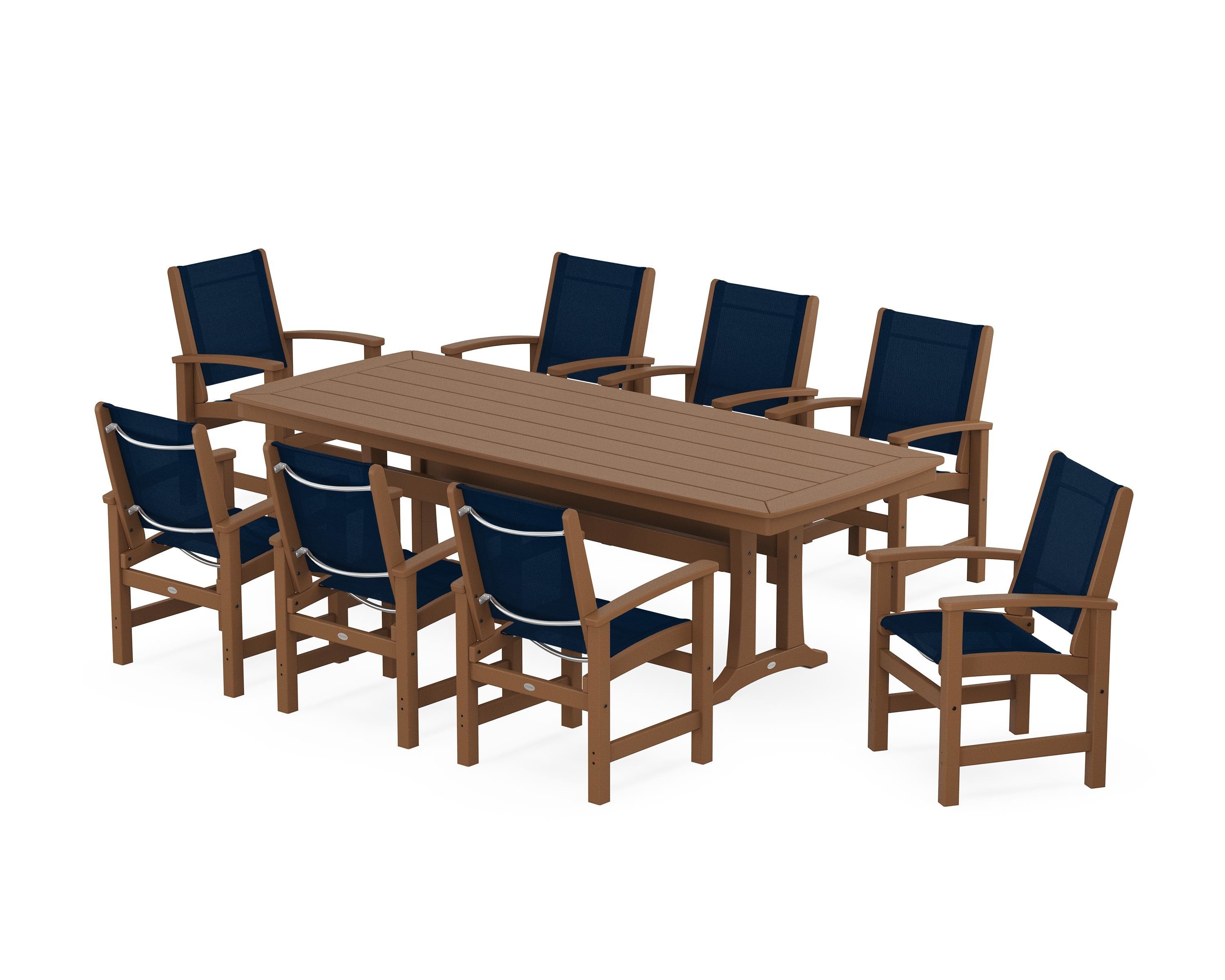 POLYWOOD Coastal 9-Piece Dining Set with Trestle Legs in Teak / Navy Blue Sling