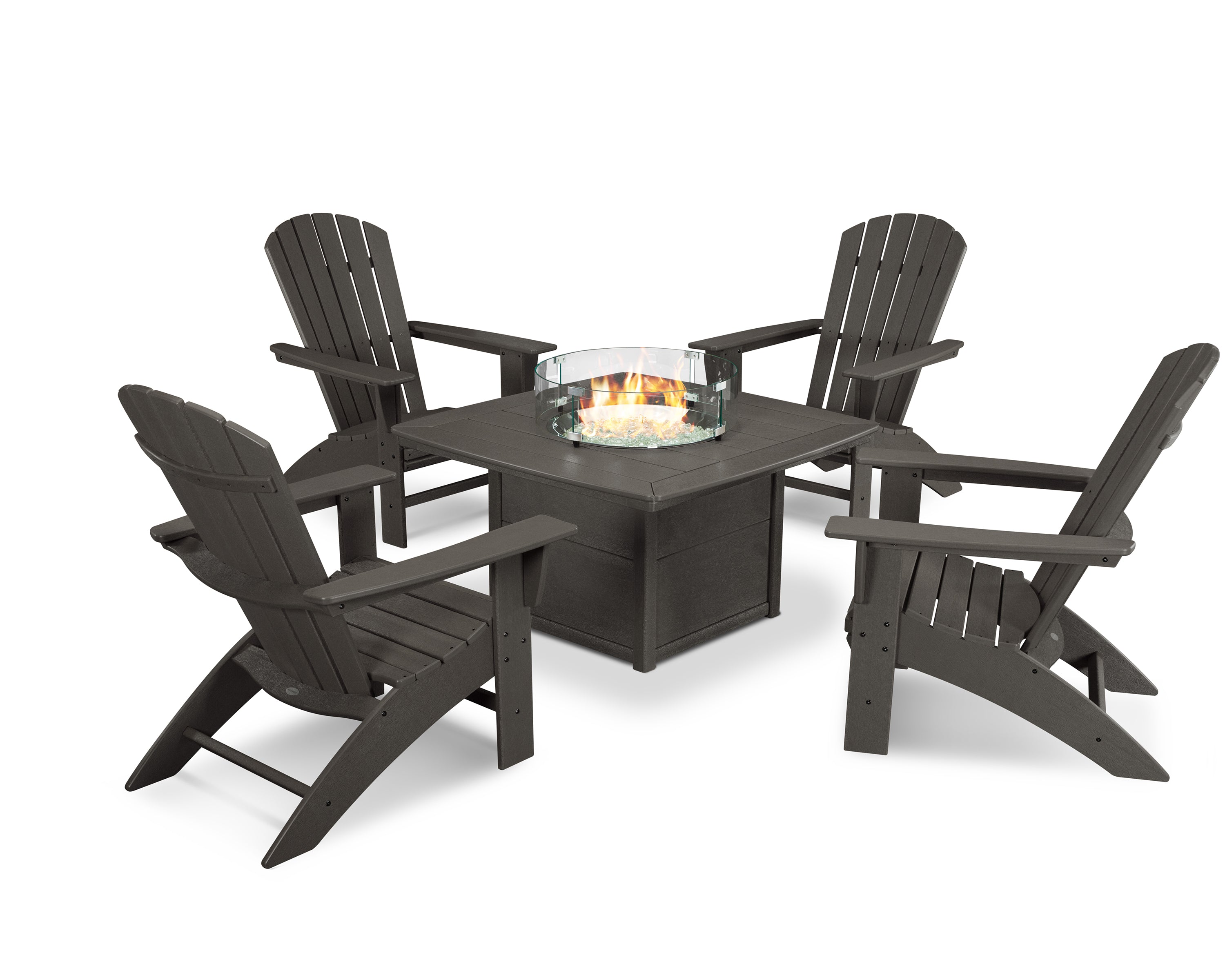 POLYWOOD® Nautical Curveback Adirondack 5-Piece Conversation Set with Fire Pit Table in Vintage Coffee