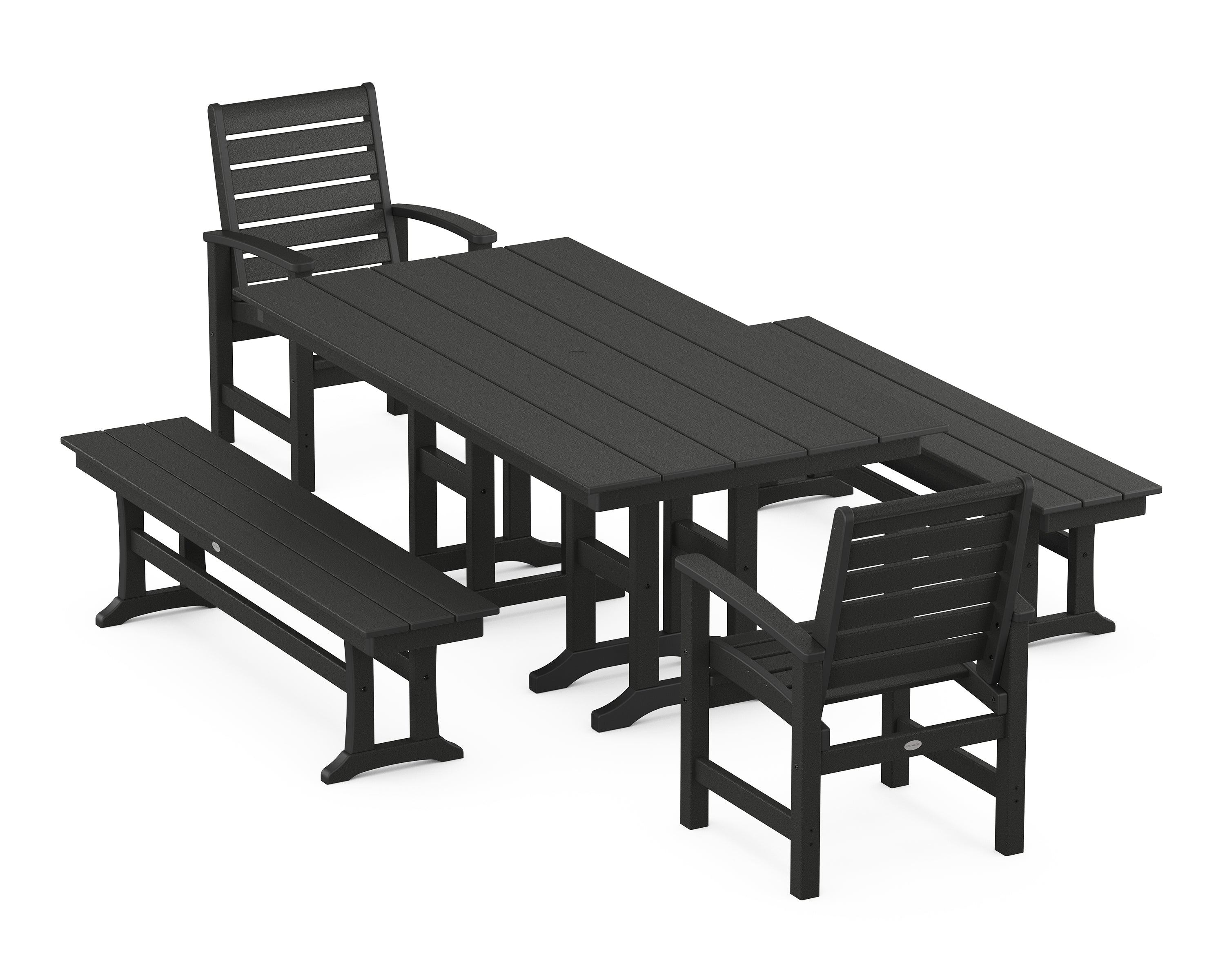 POLYWOOD® Signature 5-Piece Farmhouse Dining Set with Benches in Black