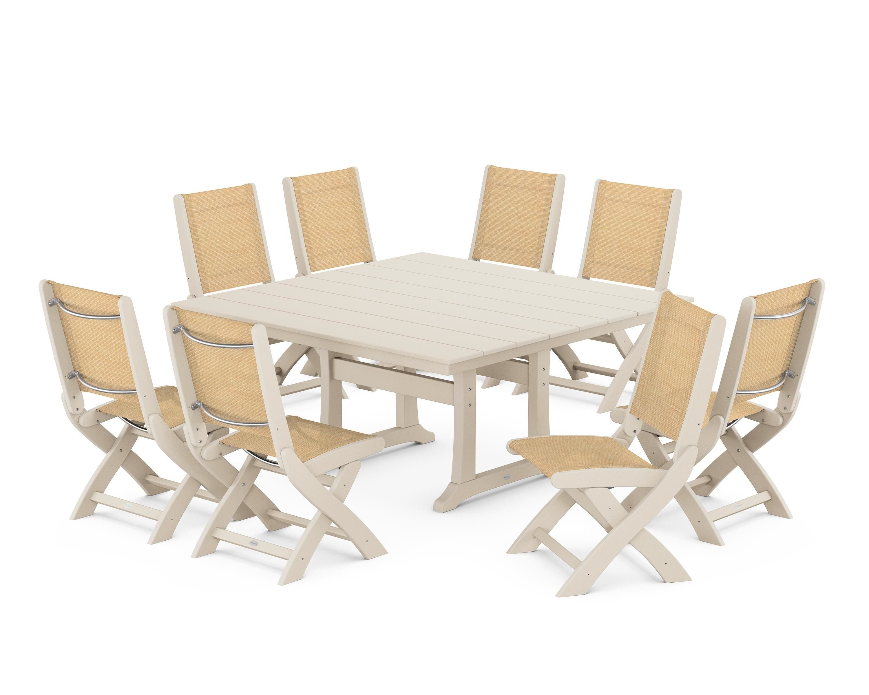 POLYWOOD Coastal Folding Side Chair 9-Piece Farmhouse Dining Set in Sand / Dupioni Apricot Sling