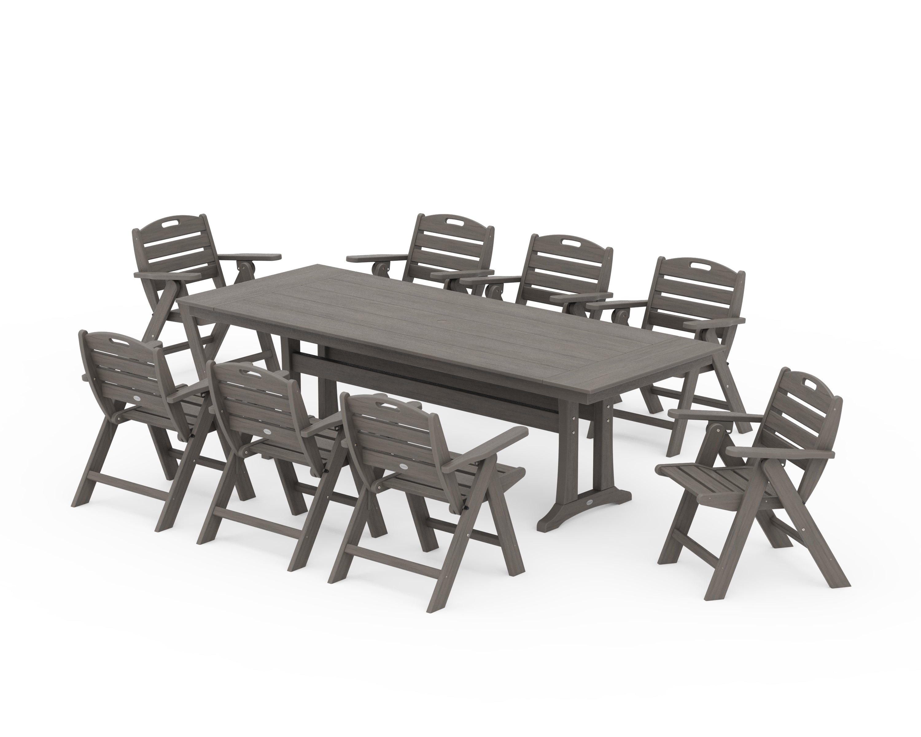 POLYWOOD Nautical Lowback 9-Piece Farmhouse Dining Set with Trestle Legs in Driftwood