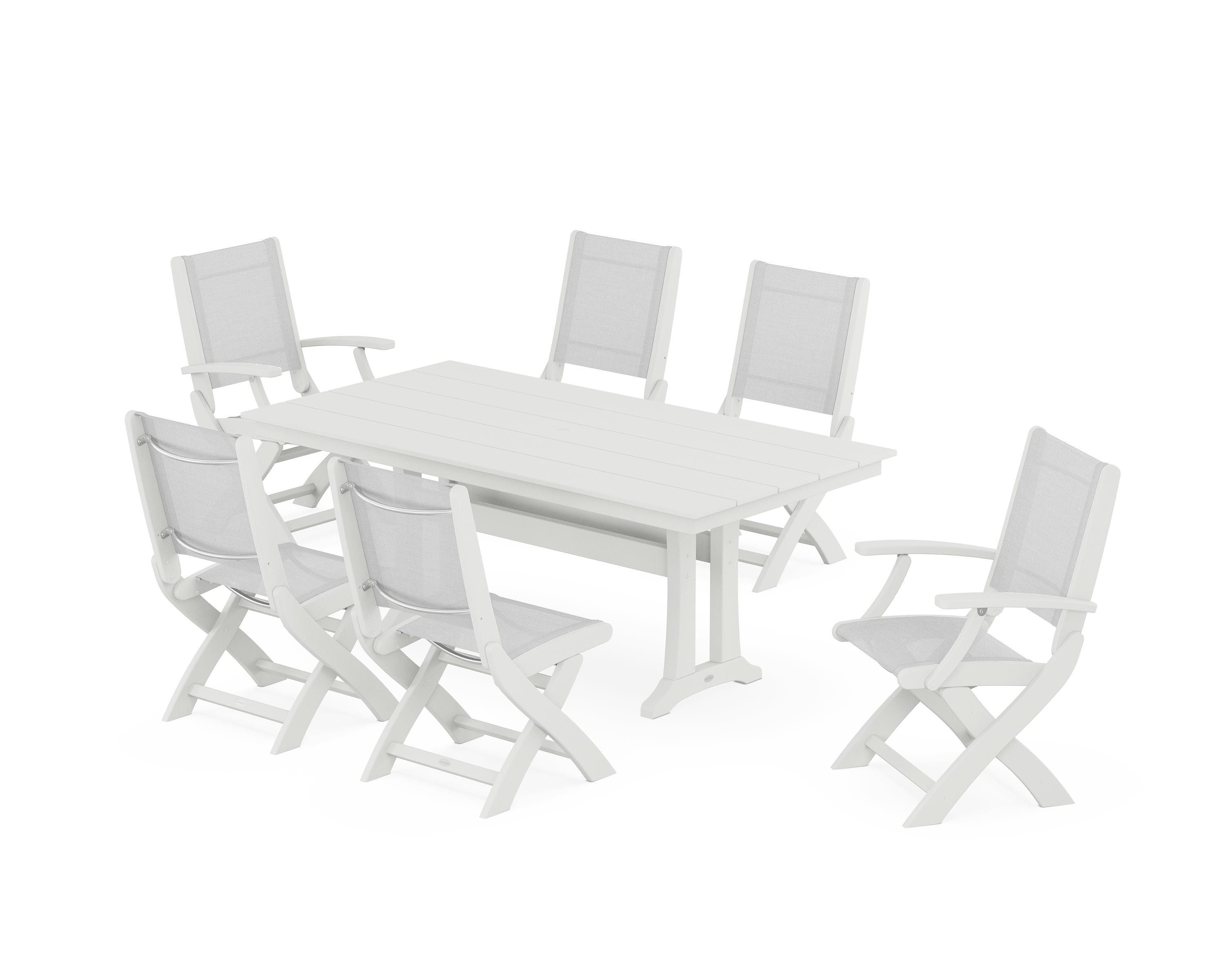 POLYWOOD Coastal Folding Chair 7-Piece Farmhouse Dining Set with Trestle Legs in Vintage White / White Sling