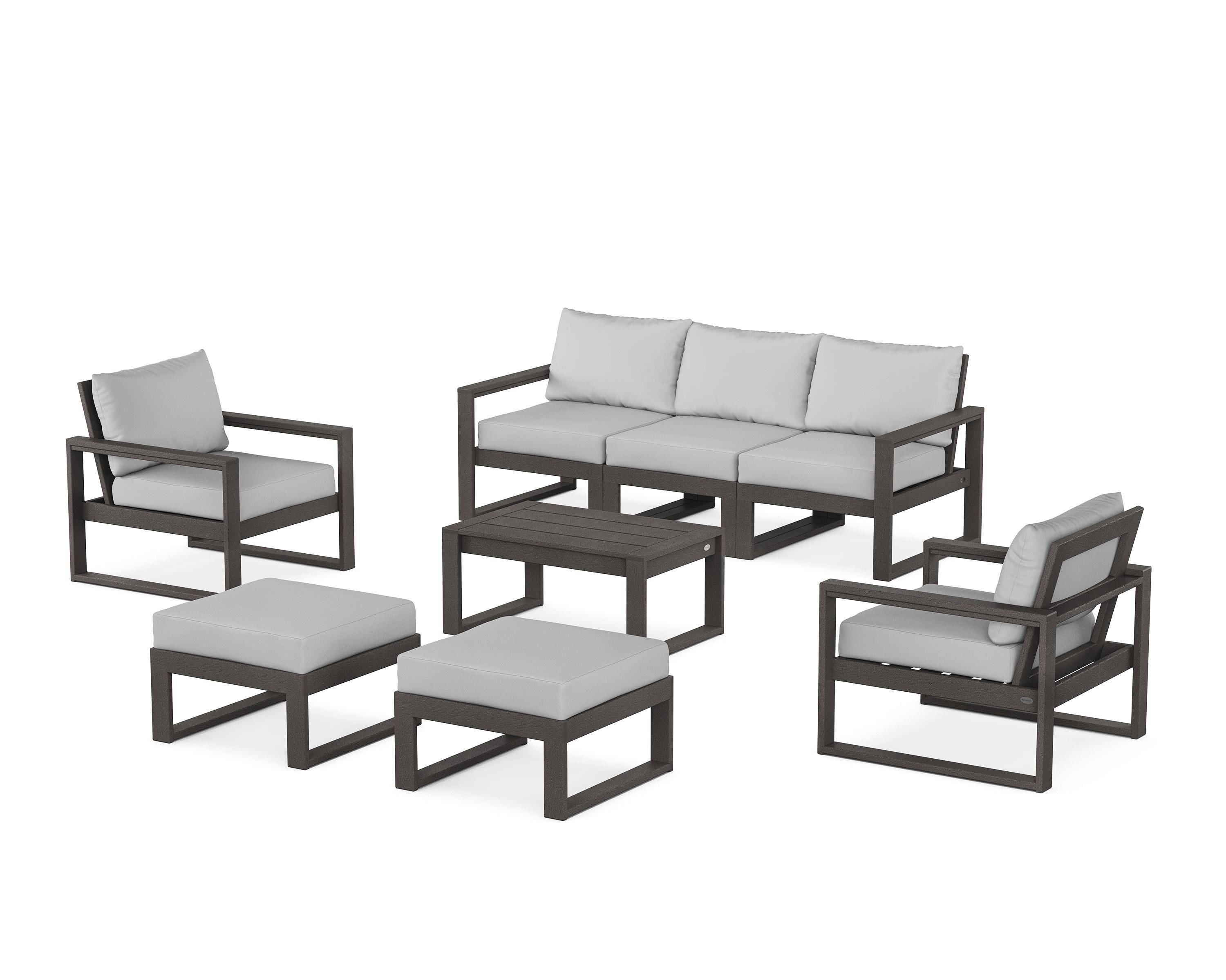 POLYWOOD EDGE Sectional 8-Piece Lounge Sofa Set in Vintage Coffee / Dune Burlap