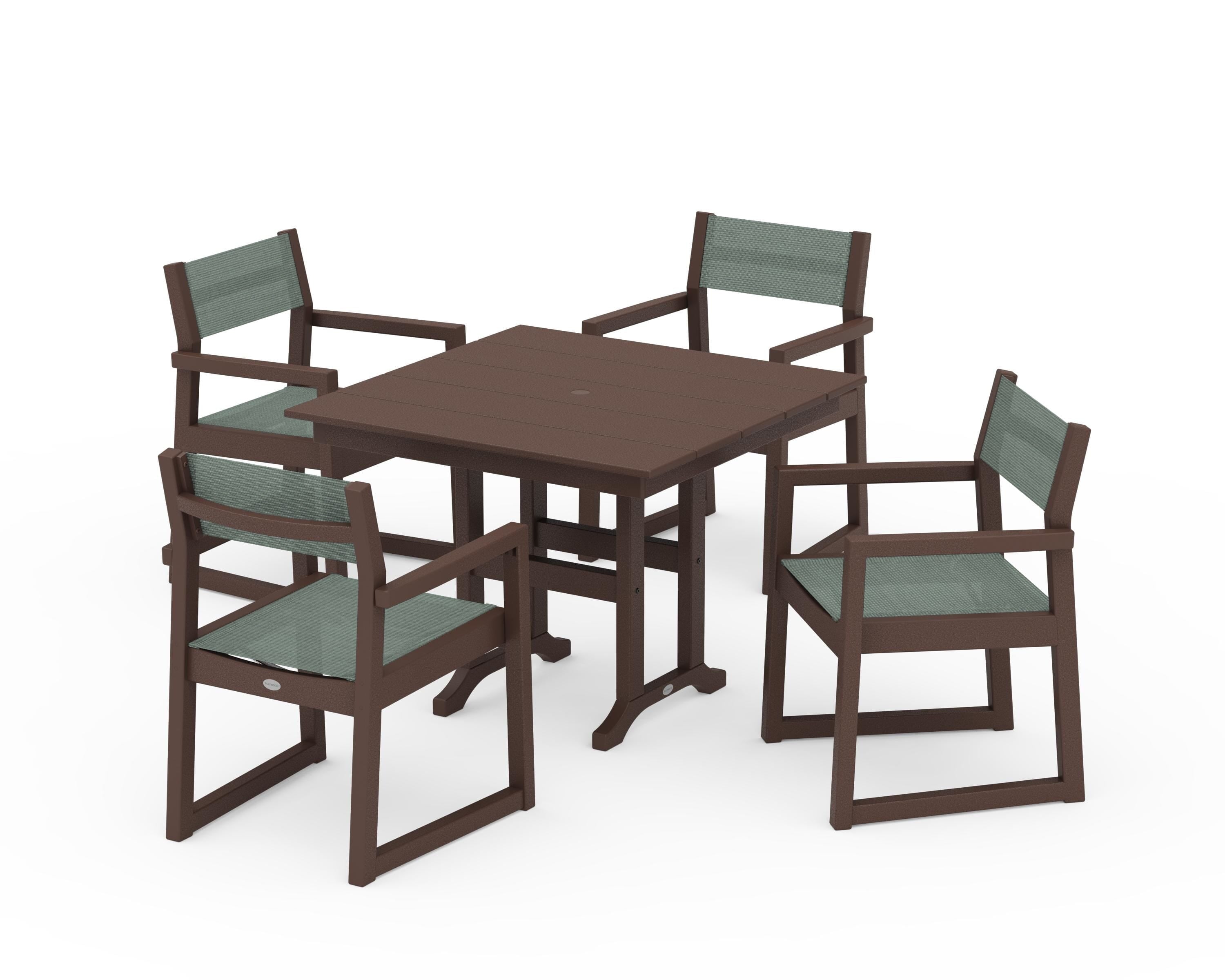POLYWOOD EDGE Sling Arm Chair 5-Piece Farmhouse Dining Set in Mahogany / Dupioni Sea Mist Sling