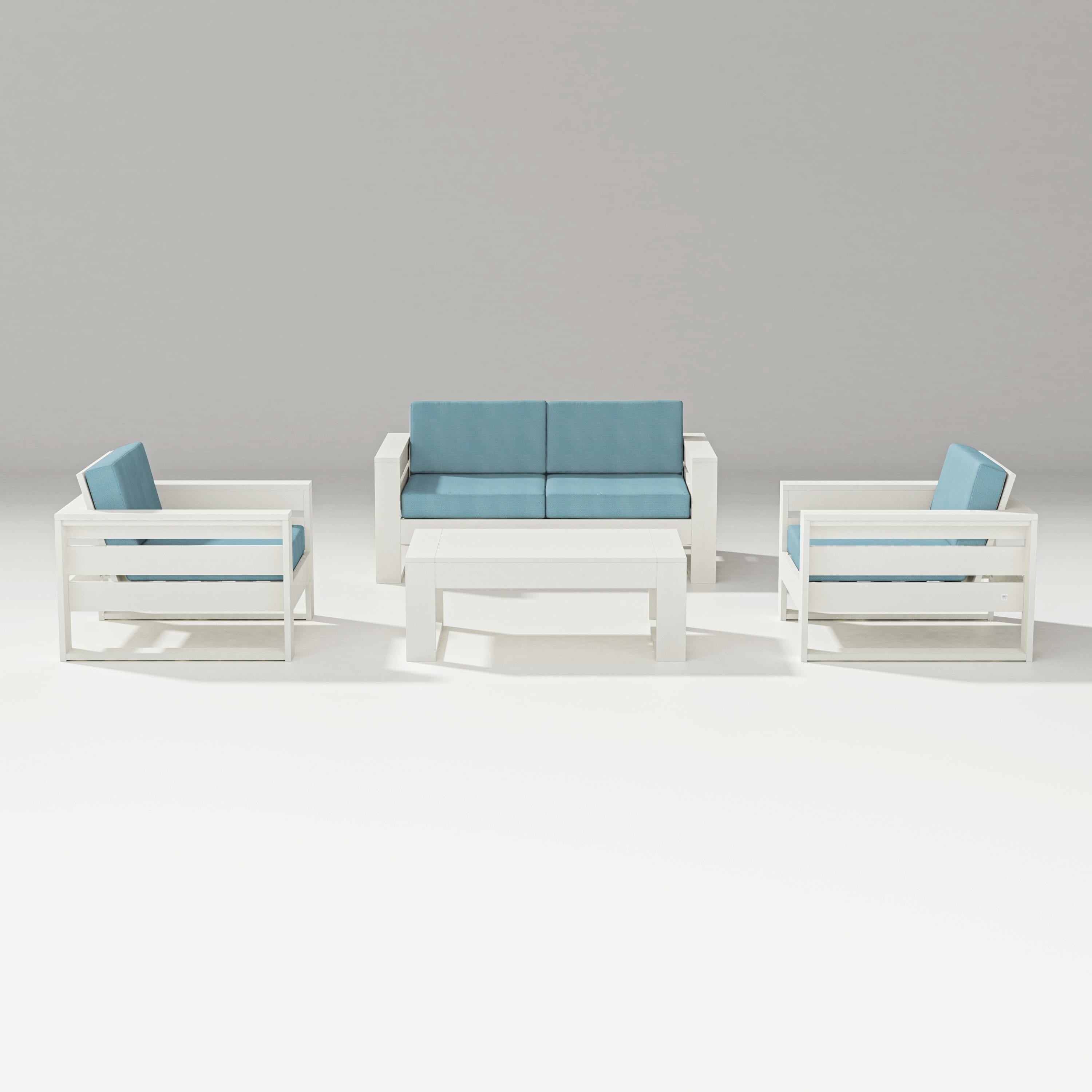 PW Designer Series Latitude 4-Piece Lounge Loveseat Set in Vintage White / Lattice Sky Blue