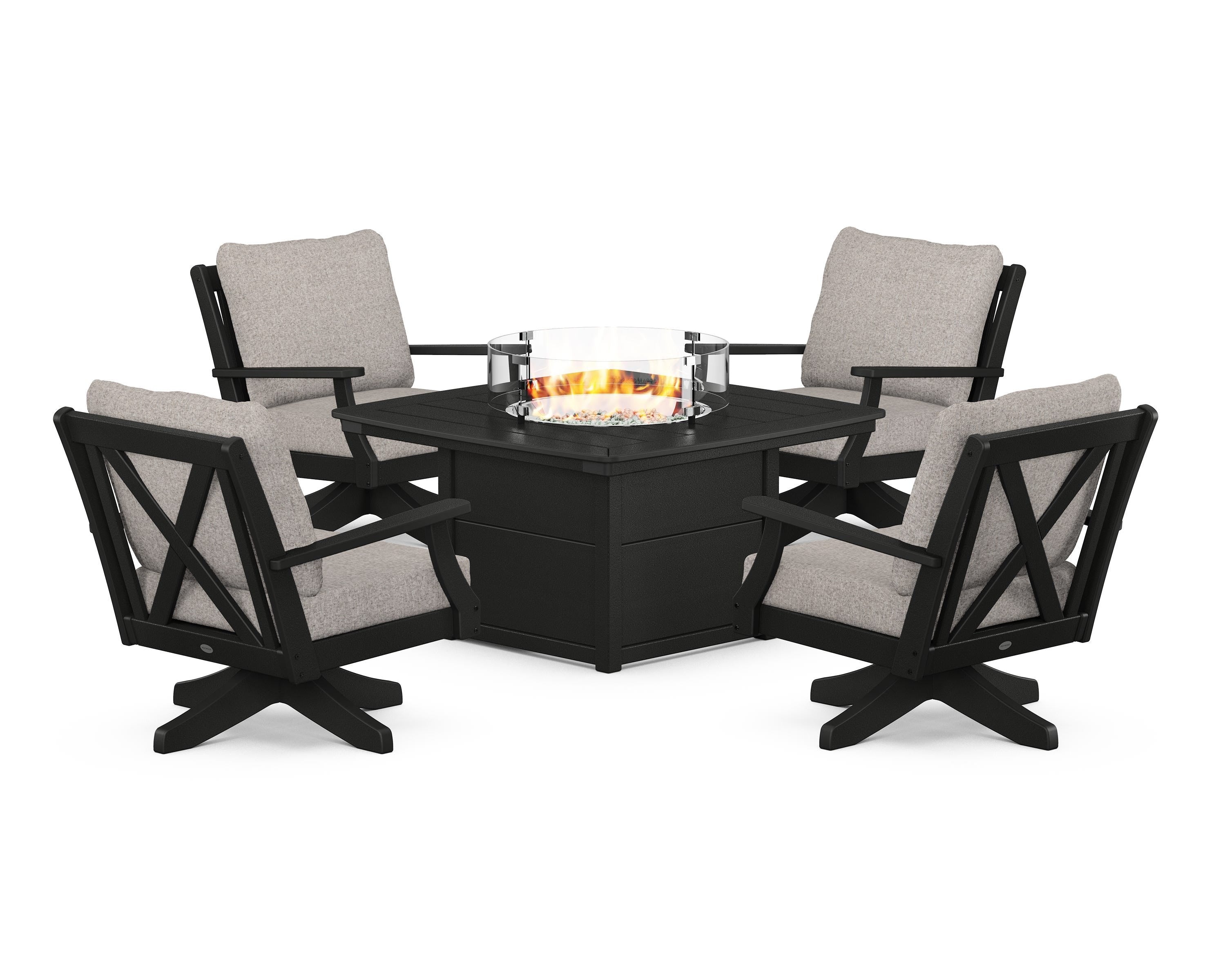 POLYWOOD Braxton 5-Piece Deep Seating Swivel Conversation Set with Fire Pit Table in Black / Weathered Tweed