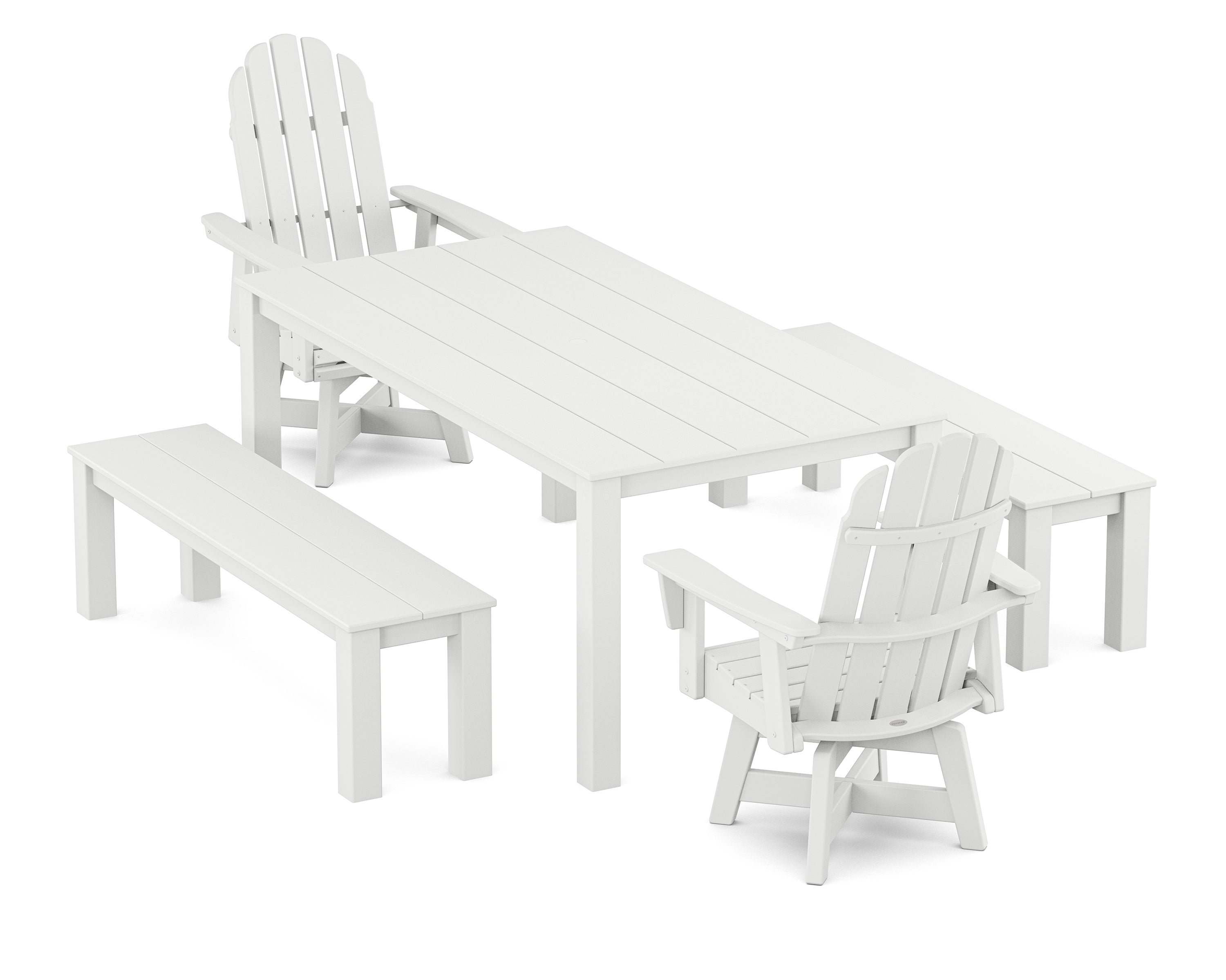 POLYWOOD® Vineyard Curveback Adirondack 5-Piece Parsons Swivel Dining Set with Benches in White