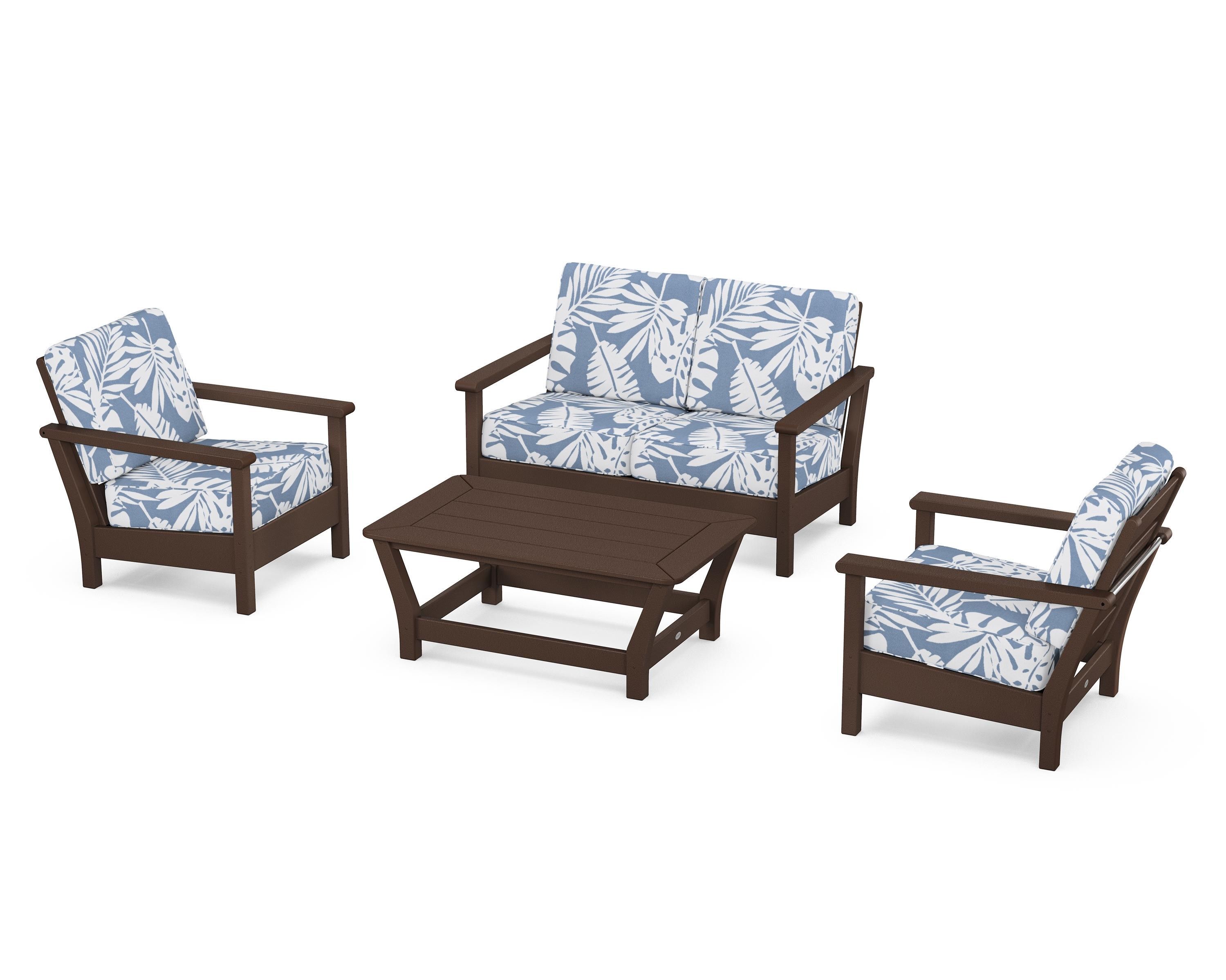 POLYWOOD Harbour 4-Piece Deep Seating Set in Mahogany / Leaf Sky Blue