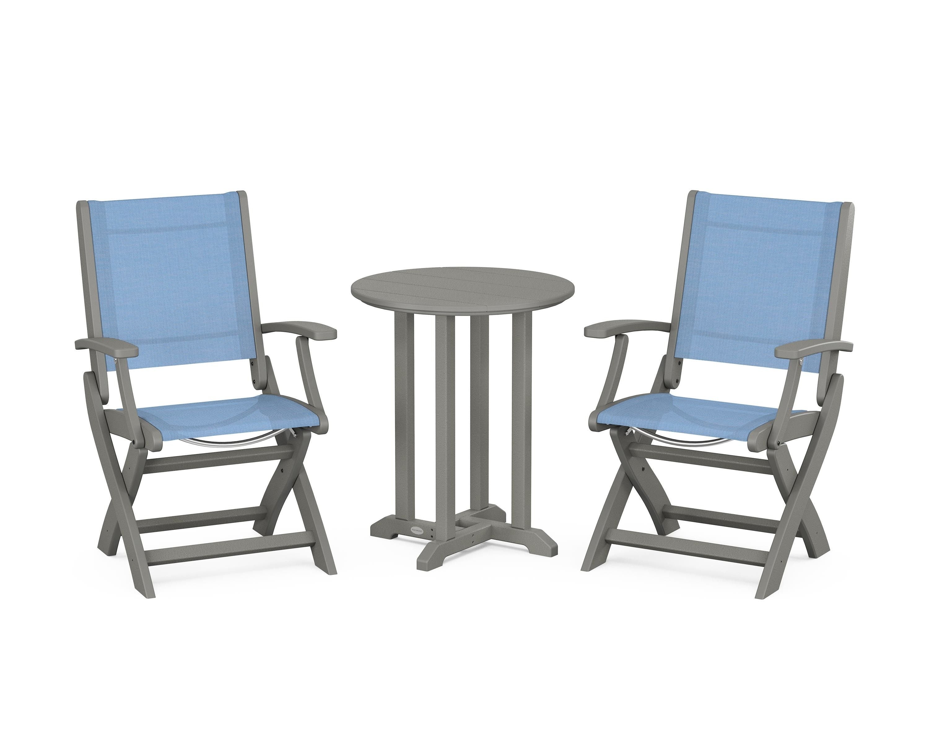 POLYWOOD Coastal Folding 3-Piece Round Bistro Dining Set in Slate Grey / Poolside Sling