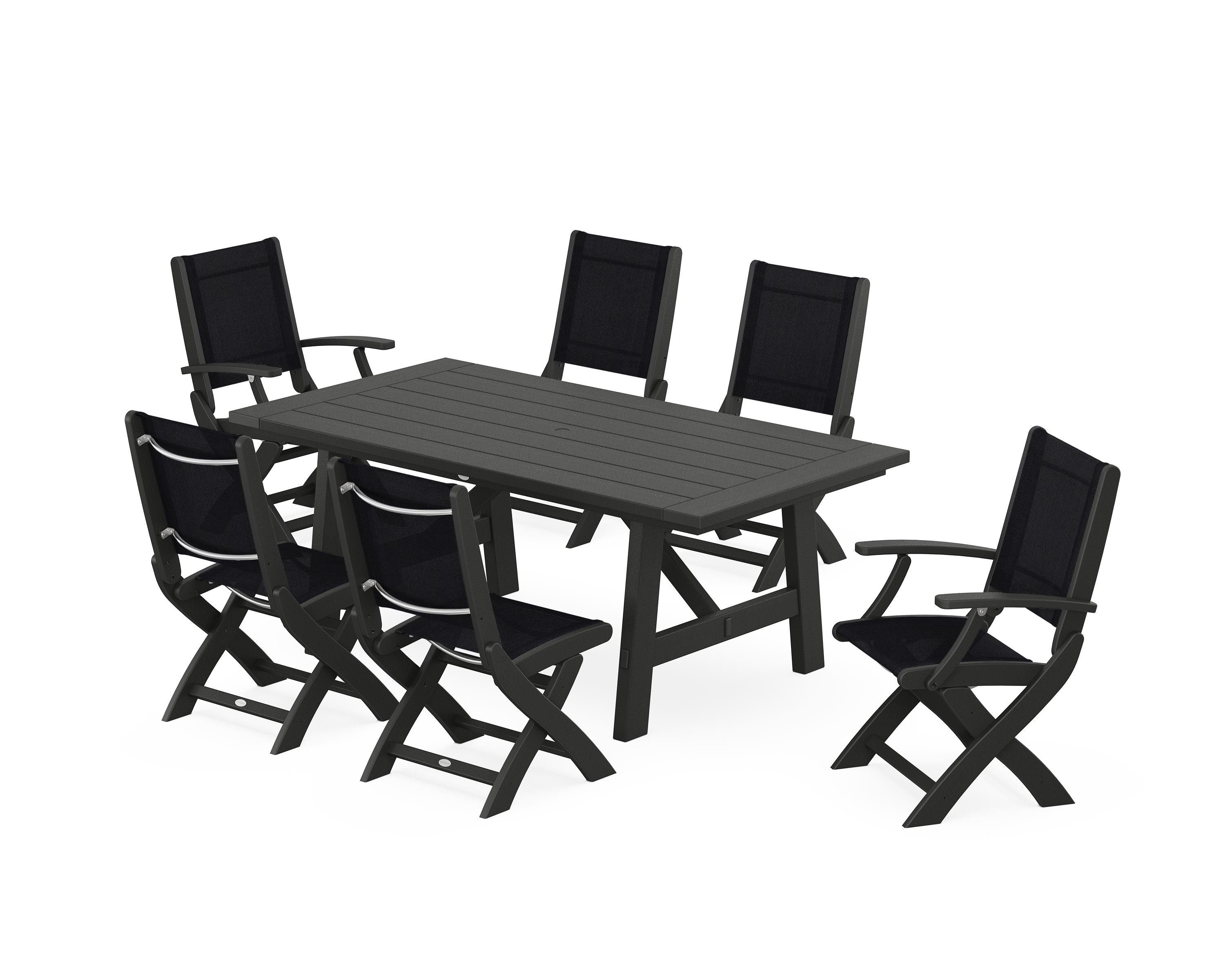 POLYWOOD Coastal Folding Chair 7-Piece Rustic Farmhouse Dining Set in Black / Black Sling