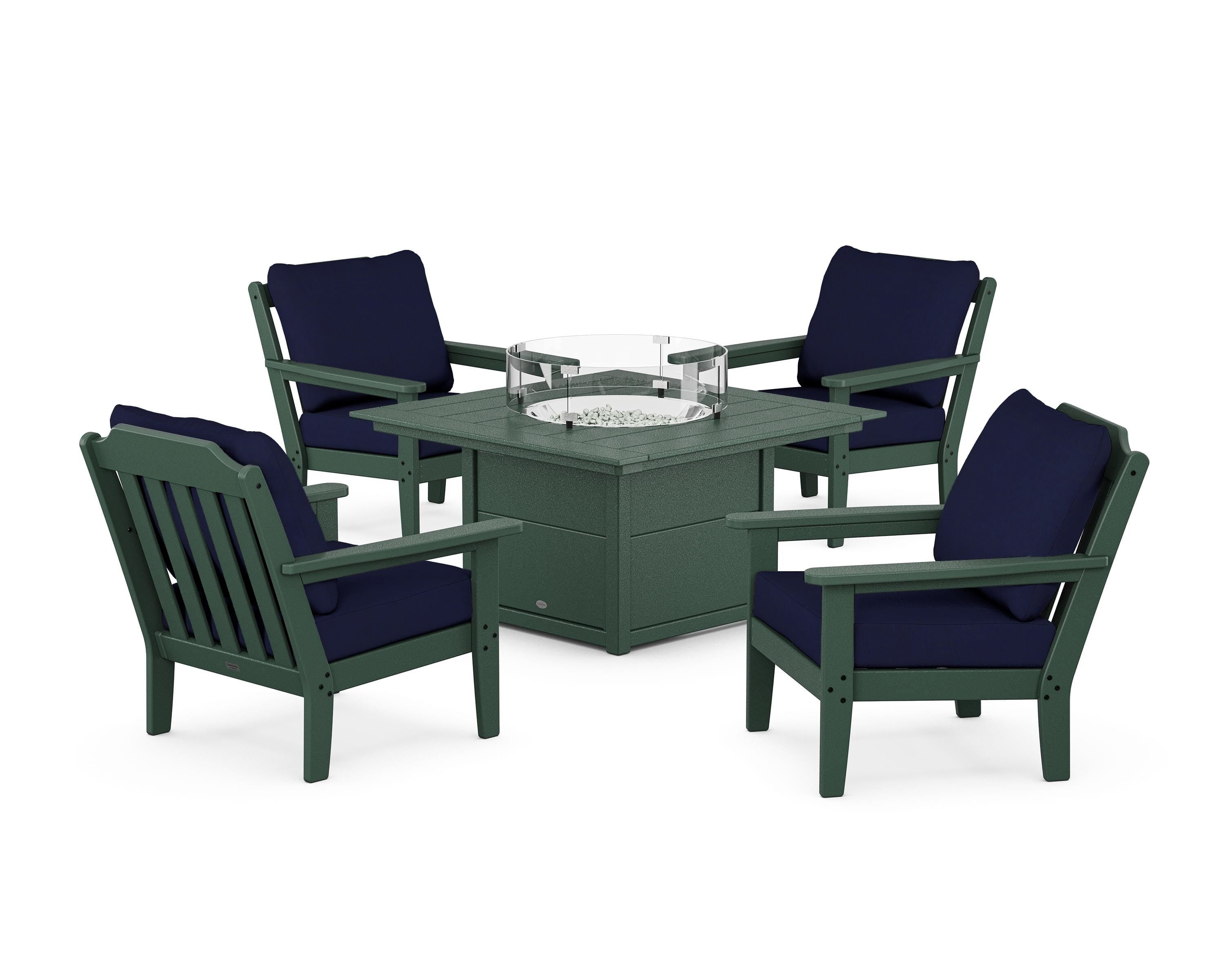 Country Living Cottage 5-Piece Deep Seating Set with Fire Pit Table in Green / Navy