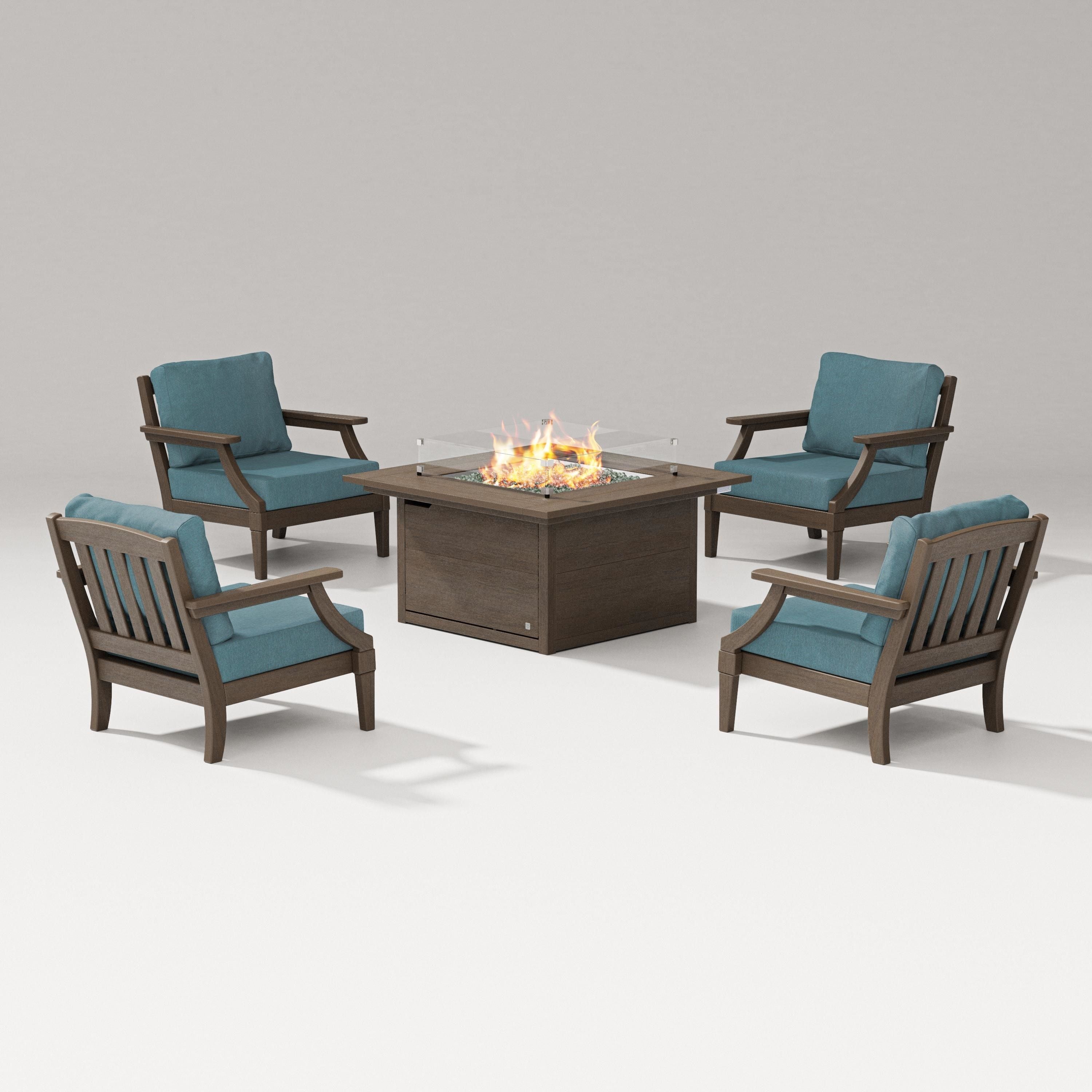 PW Designer Series Estate 5-Piece Lounge Fire Table Set in Kona / Ocean Teal