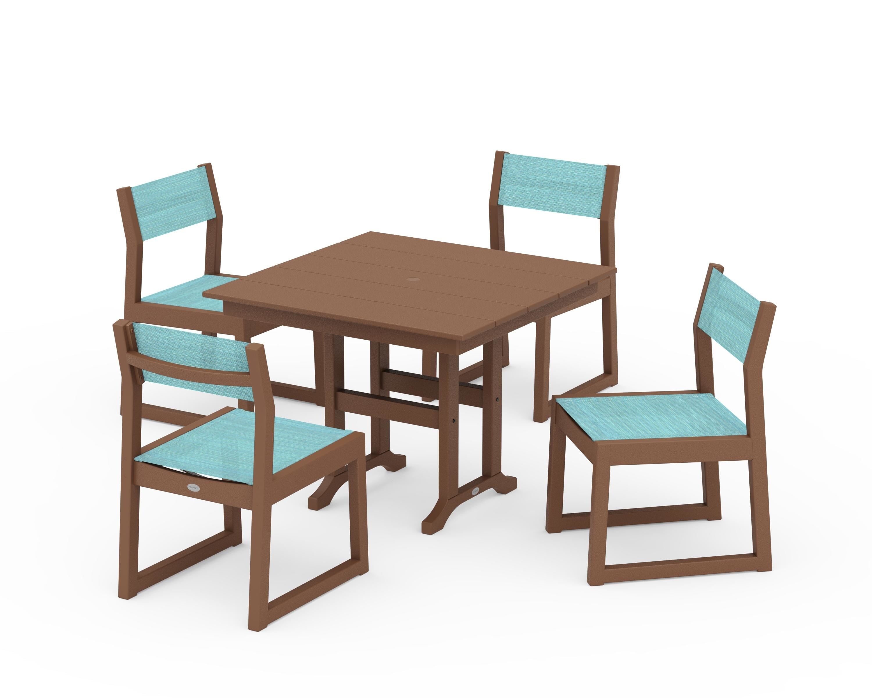 POLYWOOD EDGE Sling Side Chair 5-Piece Farmhouse Dining Set in Teak / Dupioni Aquamarine Sling