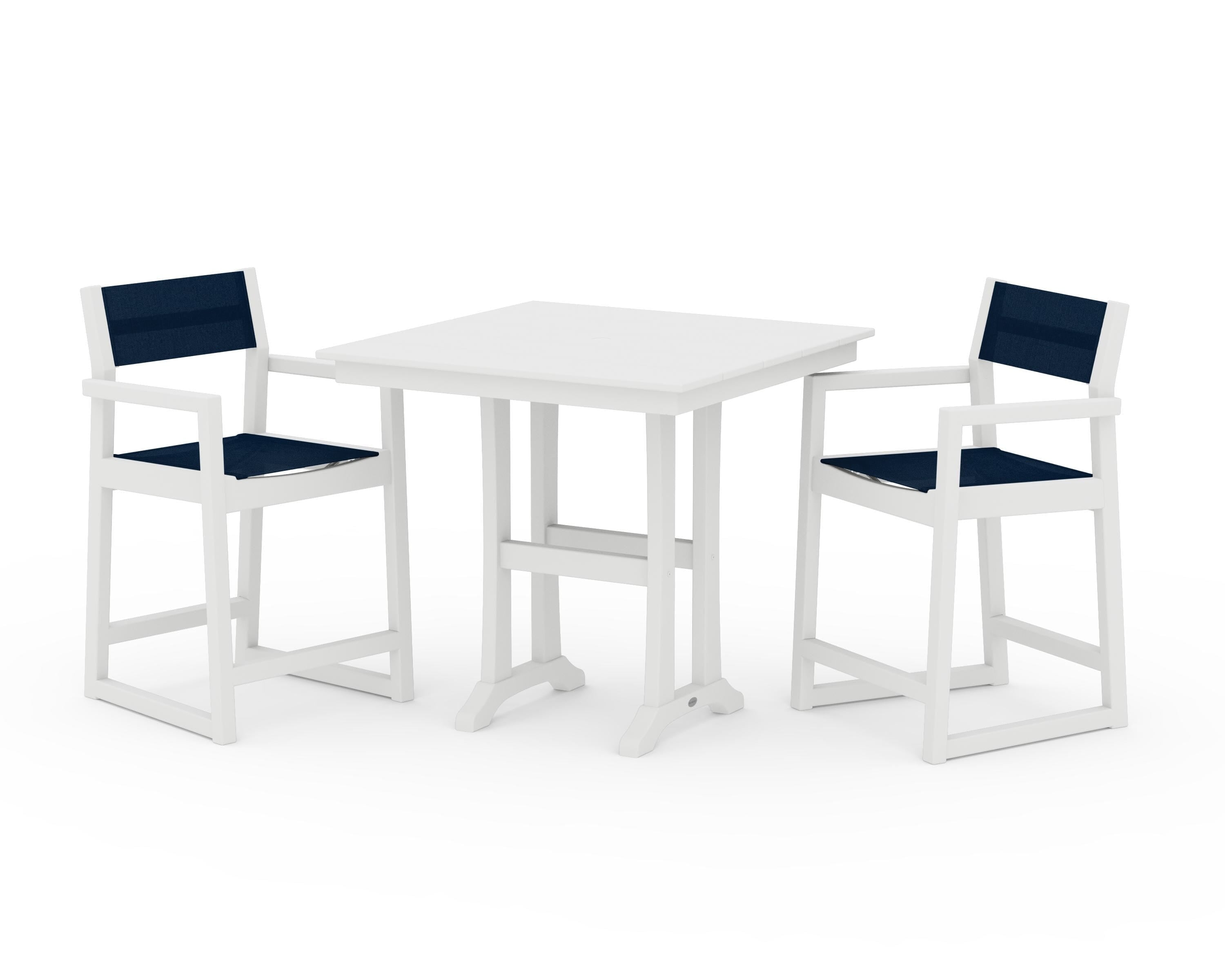 POLYWOOD EDGE Sling Arm Chair 3-Piece Farmhouse Counter Set with Trestle Legs in White / Navy Blue Sling