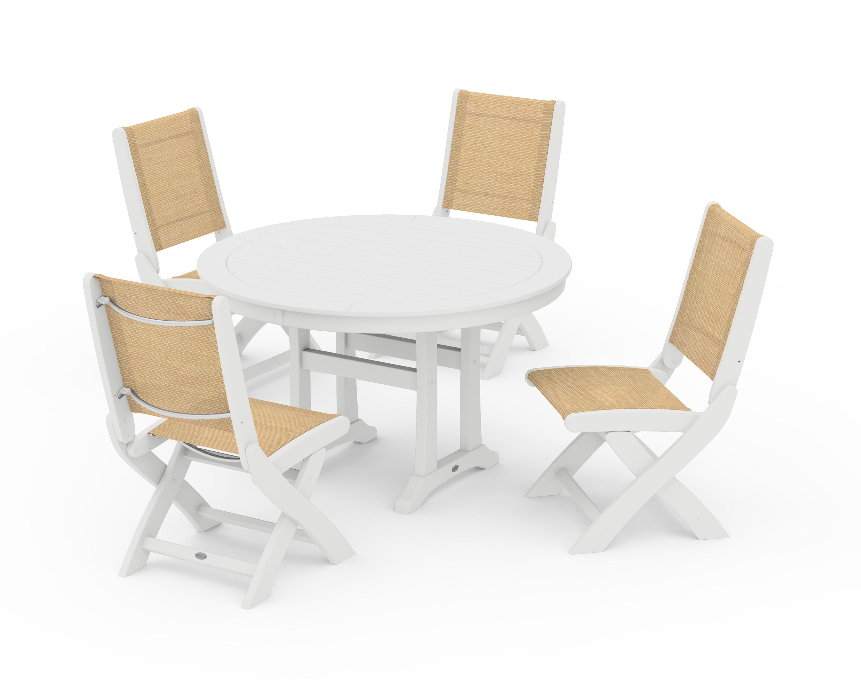 POLYWOOD Coastal Folding Side Chair 5-Piece Round Dining Set With Trestle Legs in White / Dupioni Apricot Sling