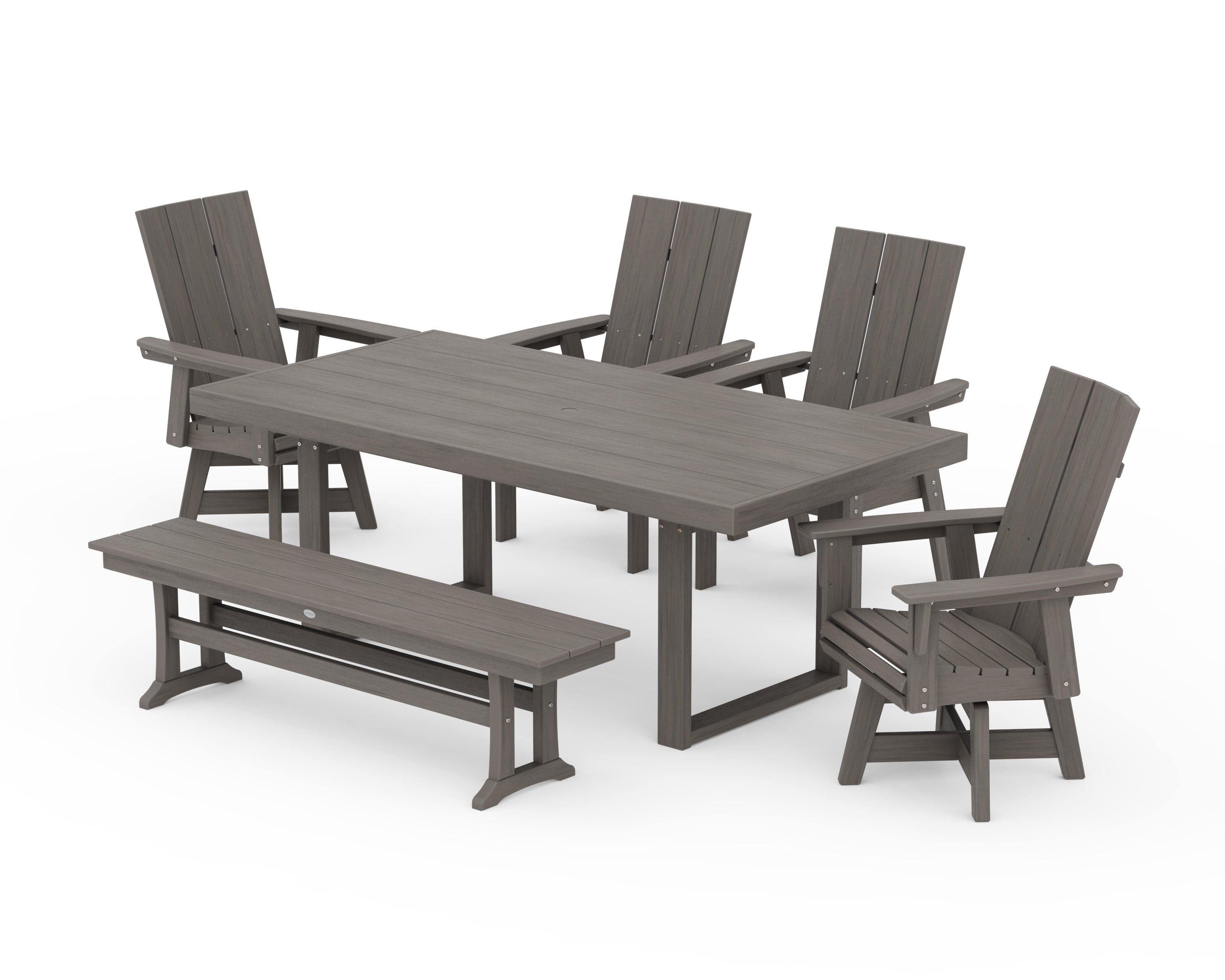 POLYWOOD Modern Curveback Adirondack Swivel Chair 6-Piece Dining Set with Bench in Driftwood