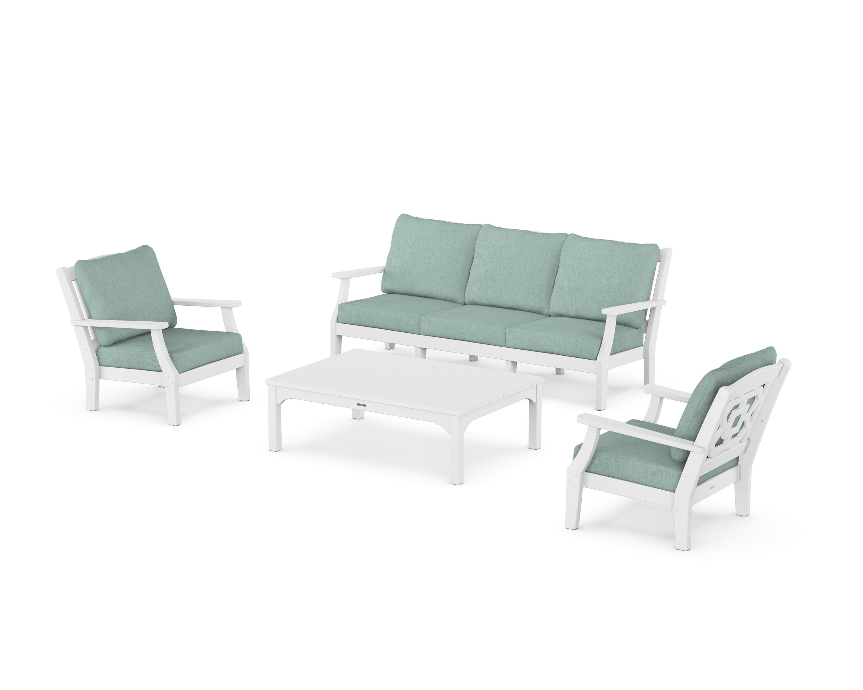 Martha Stewart by POLYWOOD Chinoiserie 4-Piece Deep Seating Set with Sofa in White / Glacier Spa