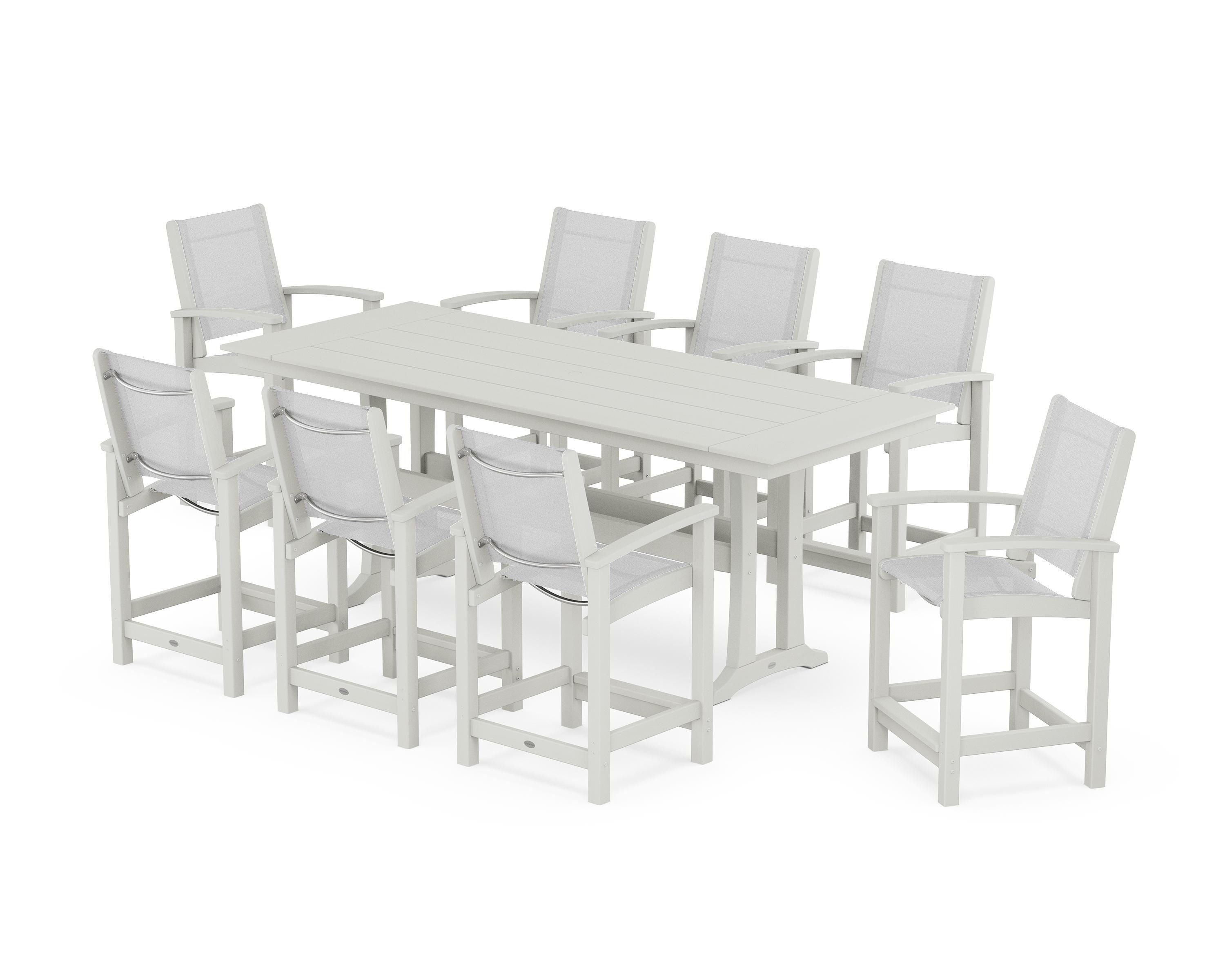 POLYWOOD Coastal 9-Piece Farmhouse Counter Set with Trestle Legs in Vintage White / White Sling