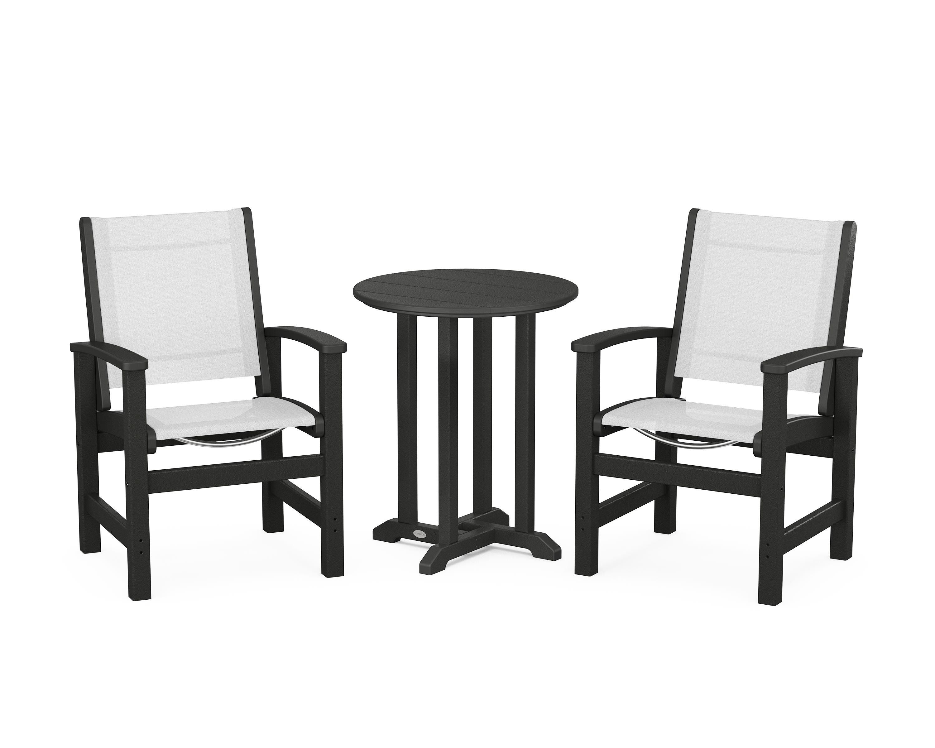 POLYWOOD Coastal 3-Piece Round Bistro Dining Set in Black / White Sling