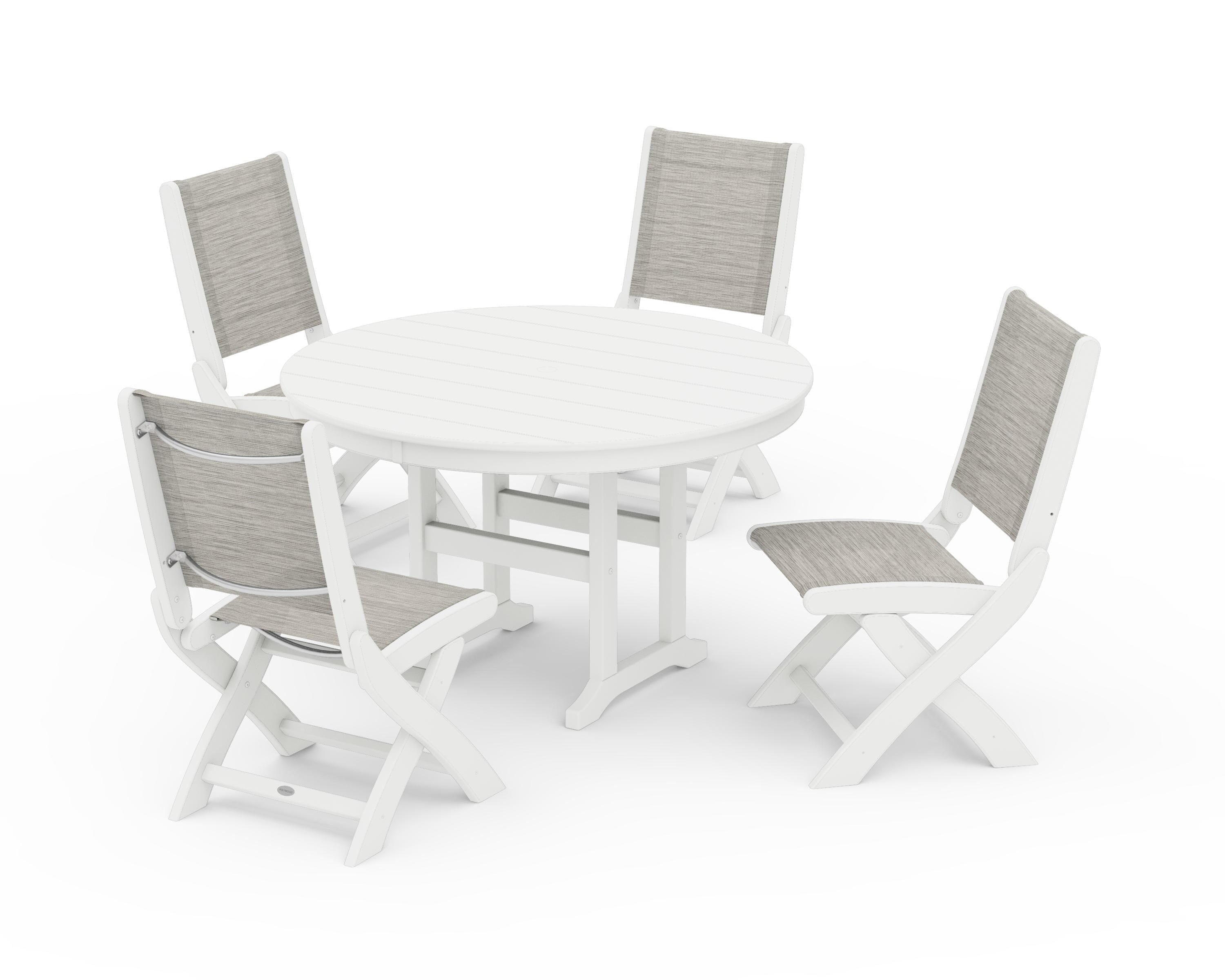 POLYWOOD Coastal Folding Side Chair 5-Piece Round Dining Set in White / Birch Sling