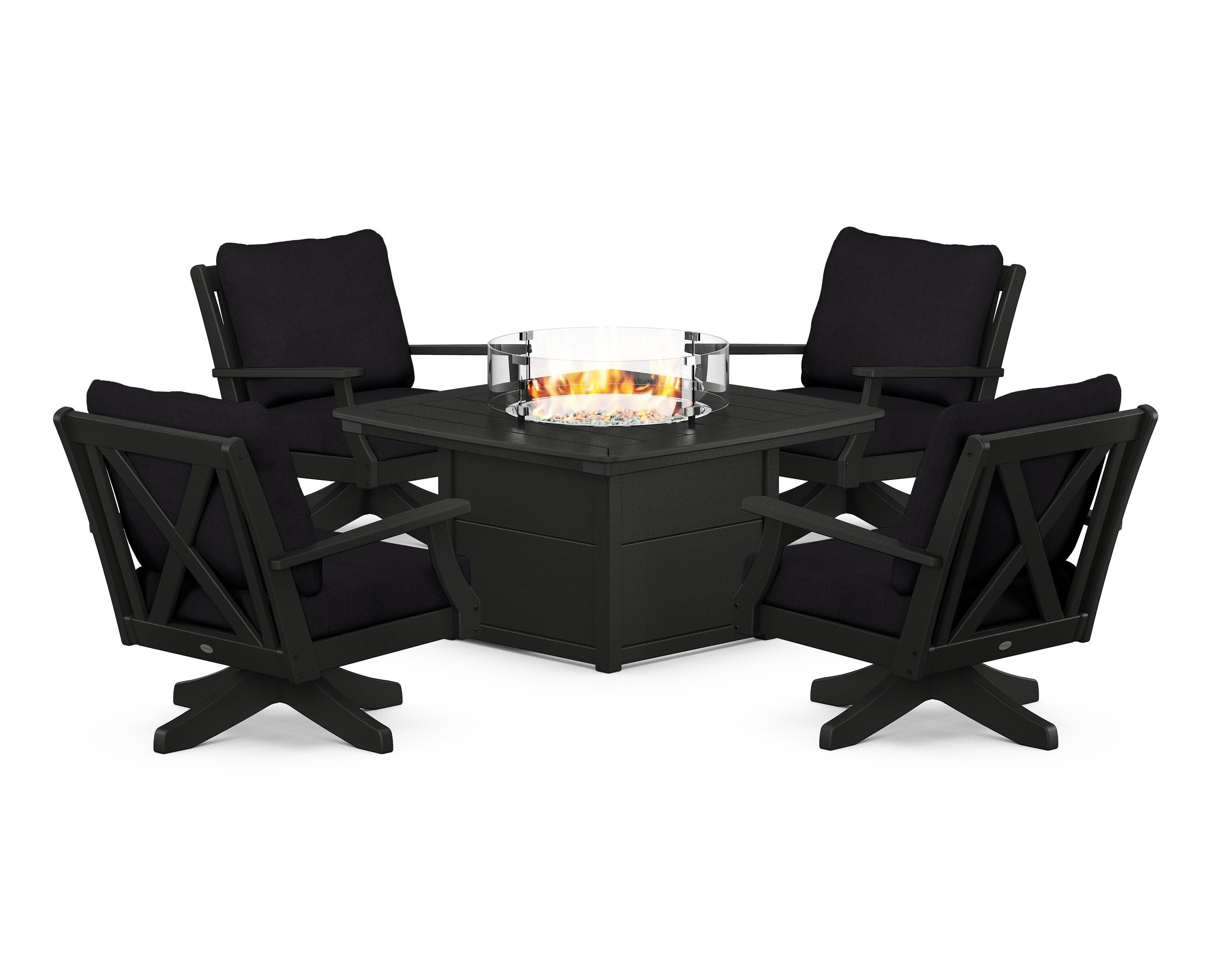 POLYWOOD Braxton 5-Piece Deep Seating Swivel Conversation Set with Fire Pit Table in Black / Midnight Linen